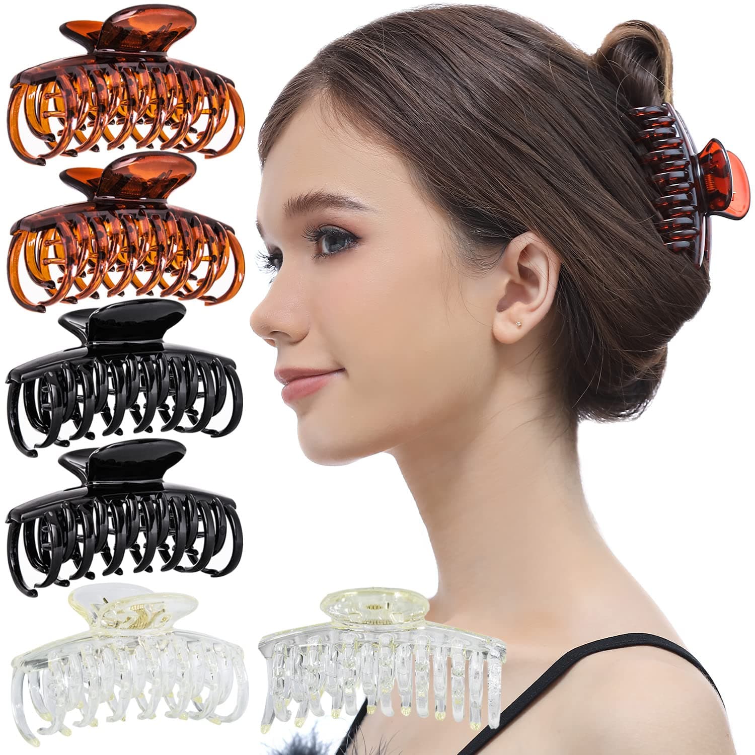 – RC ROCHE ORNAMENT 6 Pcs Womens Classic Double Multi Layer Fine Teeth Claws Jaw Interlocking Strong Hold No Slip Firm Grip Hair Clutcher Clamp Beauty Fashion Accessory, Medium Clear Brown and Black