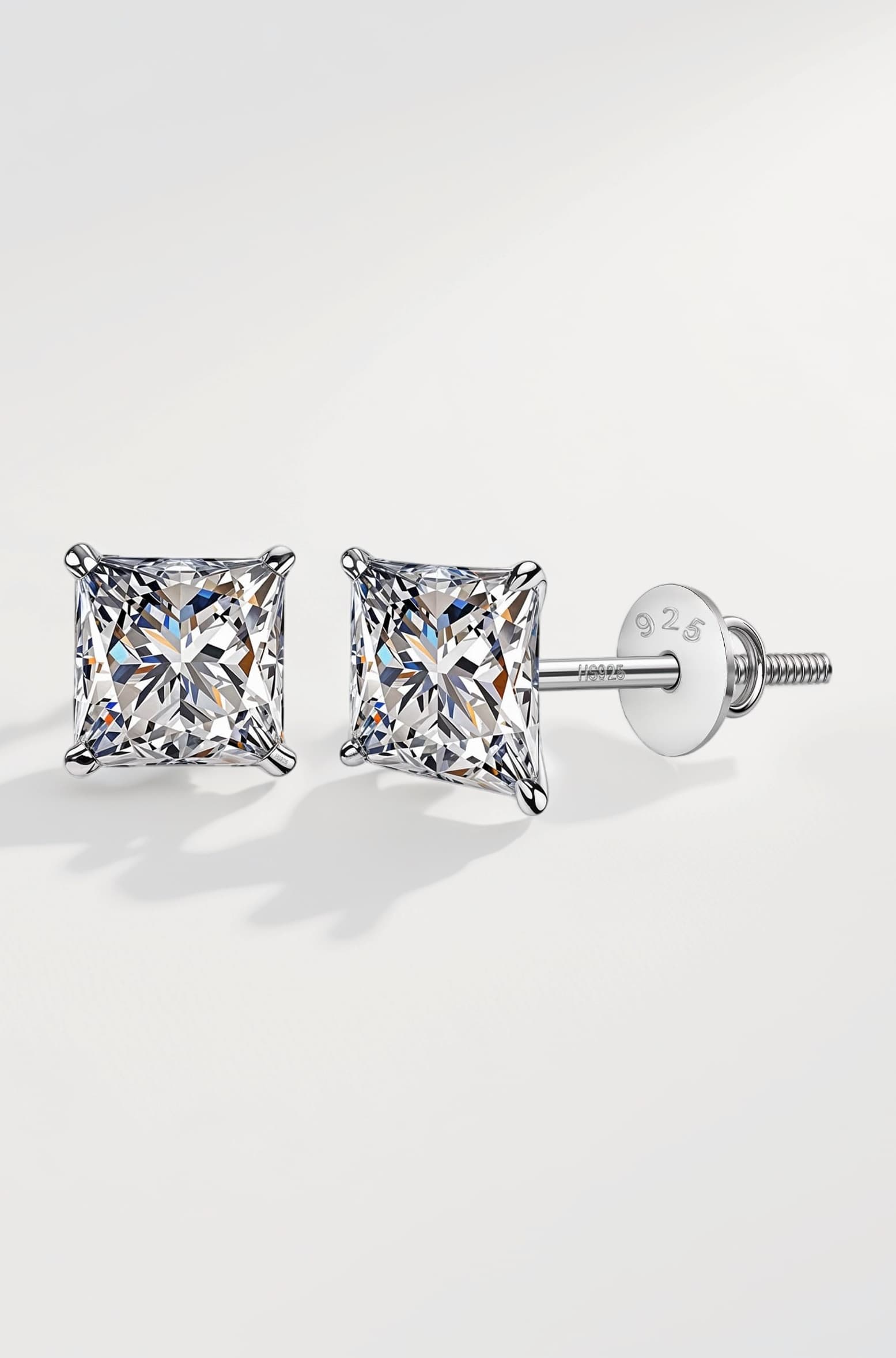 HIGHSPARK 925 Silver Solitaire Screwback Stud Earrings | 92.5 Sterling Silver & Square Princess Cut Brilliant Zirconia Tops for Men, Women, Boys and Girls