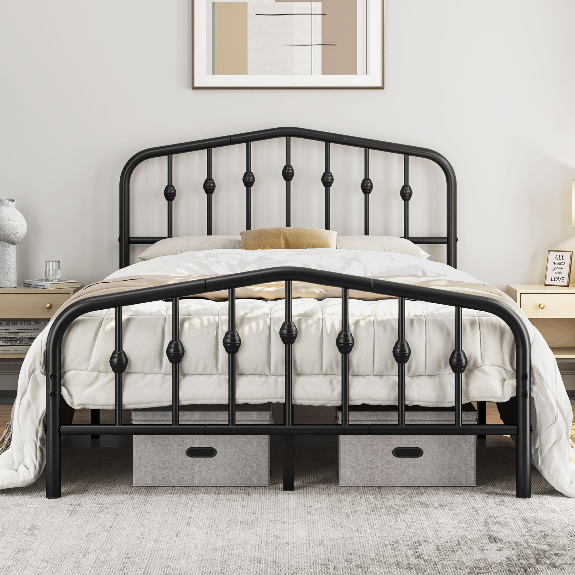 4ft6 Double Bed Frames Slatted Metal Bed with Crown-inspired Design Headboard/Spacious Under-bed Storage Black