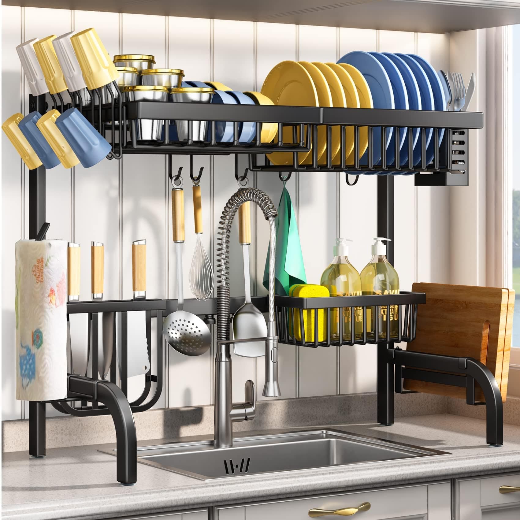 SAYZH Over The Sink Dish Drying Rack, 2 Tier Adjustable (25.5 to 33.5 inch) Dish Drainer Rack with Utensil Sponge Holder Sink Caddy for Kitchen Counter Organization, Black