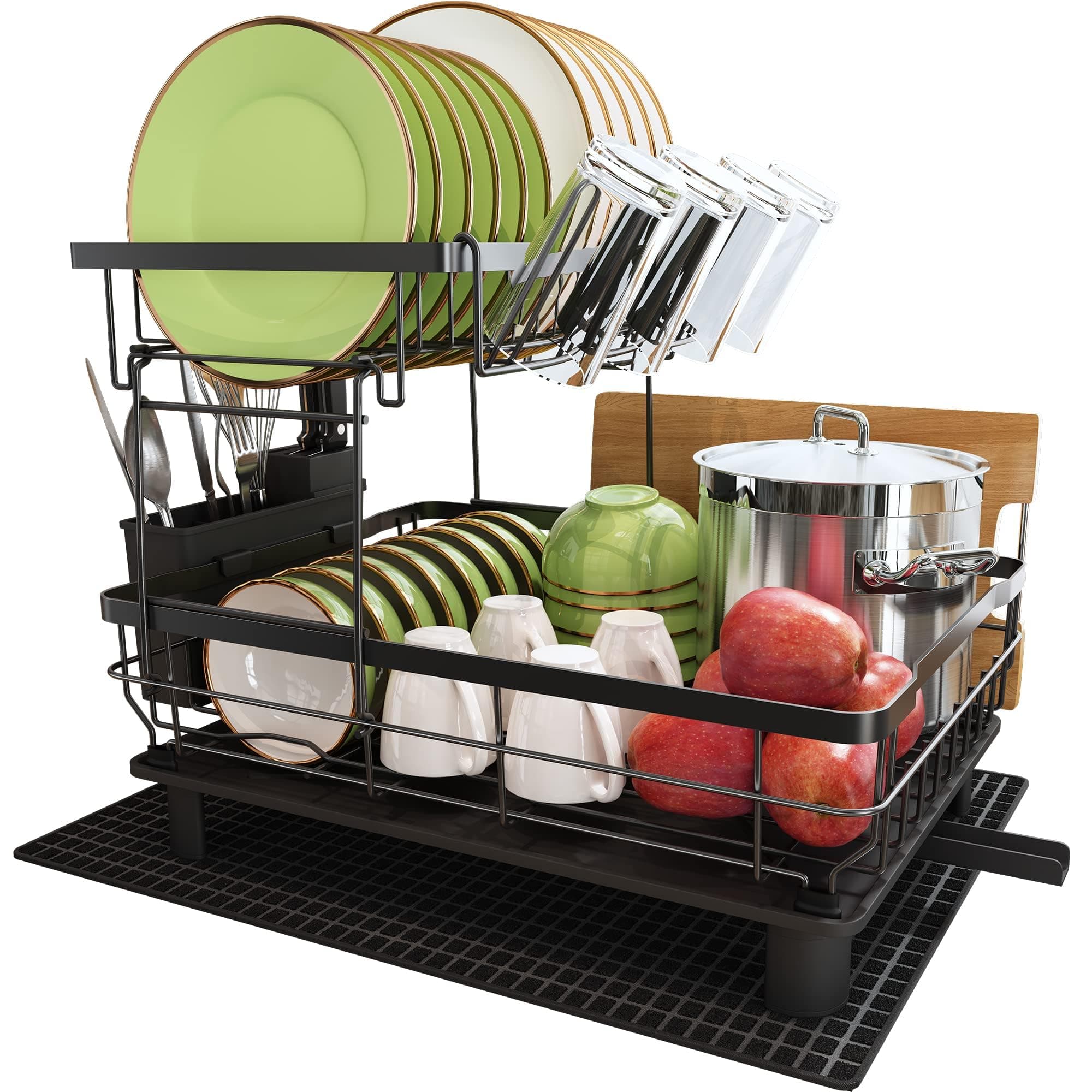 Boosiny 2 Tier Dish Drying Rack, Dish Drying Stand for Counter Kitchen Rack, Stainless Steel Dish Rack with Swivel Drainage Spout, Utensil Holder, Cup Holder, Cutting-Board Holder and Drying Mat