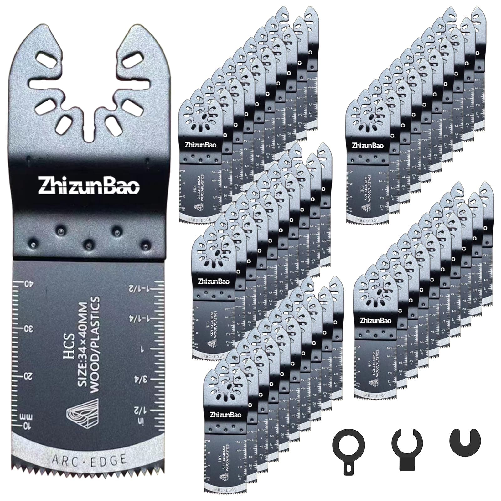 50pcs Curved-Edge Multi Tool Blades Kits: Universal Oscillating Saw Blades for Clean Cuts in Wood and Plastic. These Multitool Blades Fit Dewalt, Ryobi and Other Oscillating Tools