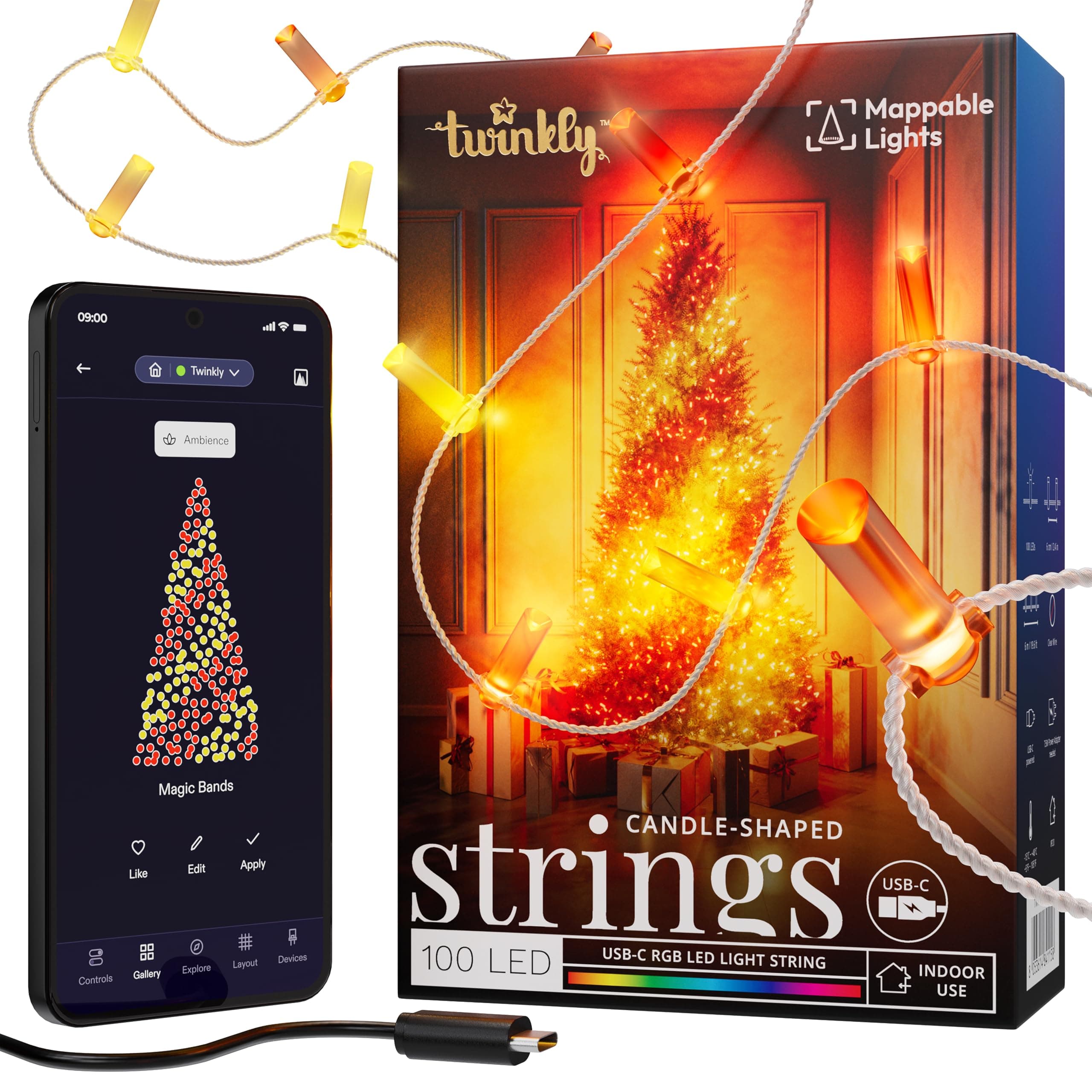 Twinkly Strings USB-C Candle 100 LED, Candle-Shaped LED Light String, Christmas Lights, RGB Multicolor LED Lights, Mappable LEDs, Compatible with Alexa, Google Home, USB-C Power, Transparent Wire, 6m