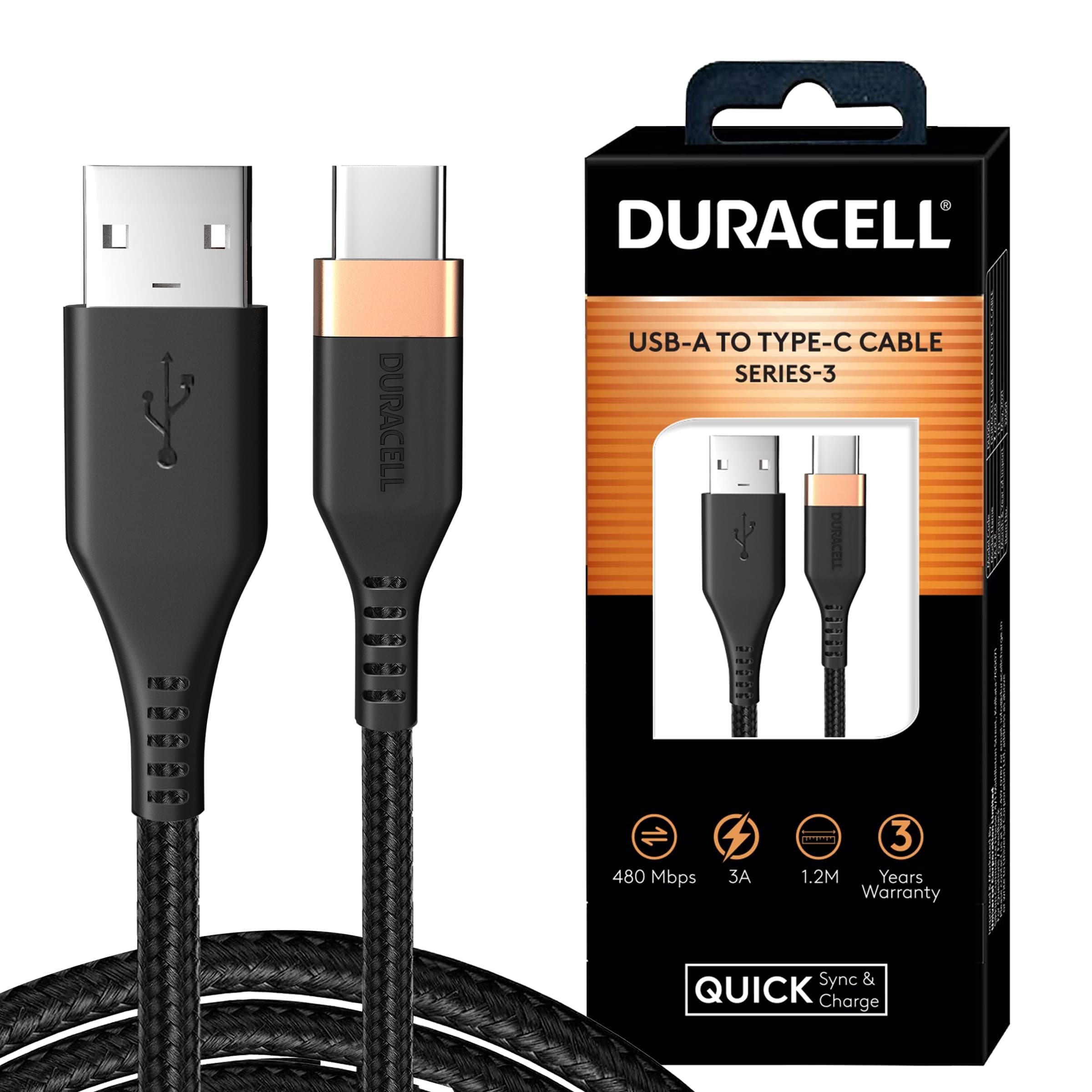 USB Type C, 3A Braided Sync & Fast Charging Cable, 3.9 Ft (1.2M),QC 2.0/3.0 Ultra Fast Charging,Compatible with Samsung,One Plus & all C type devices,Seamless Data Transmission,Series 3-Black