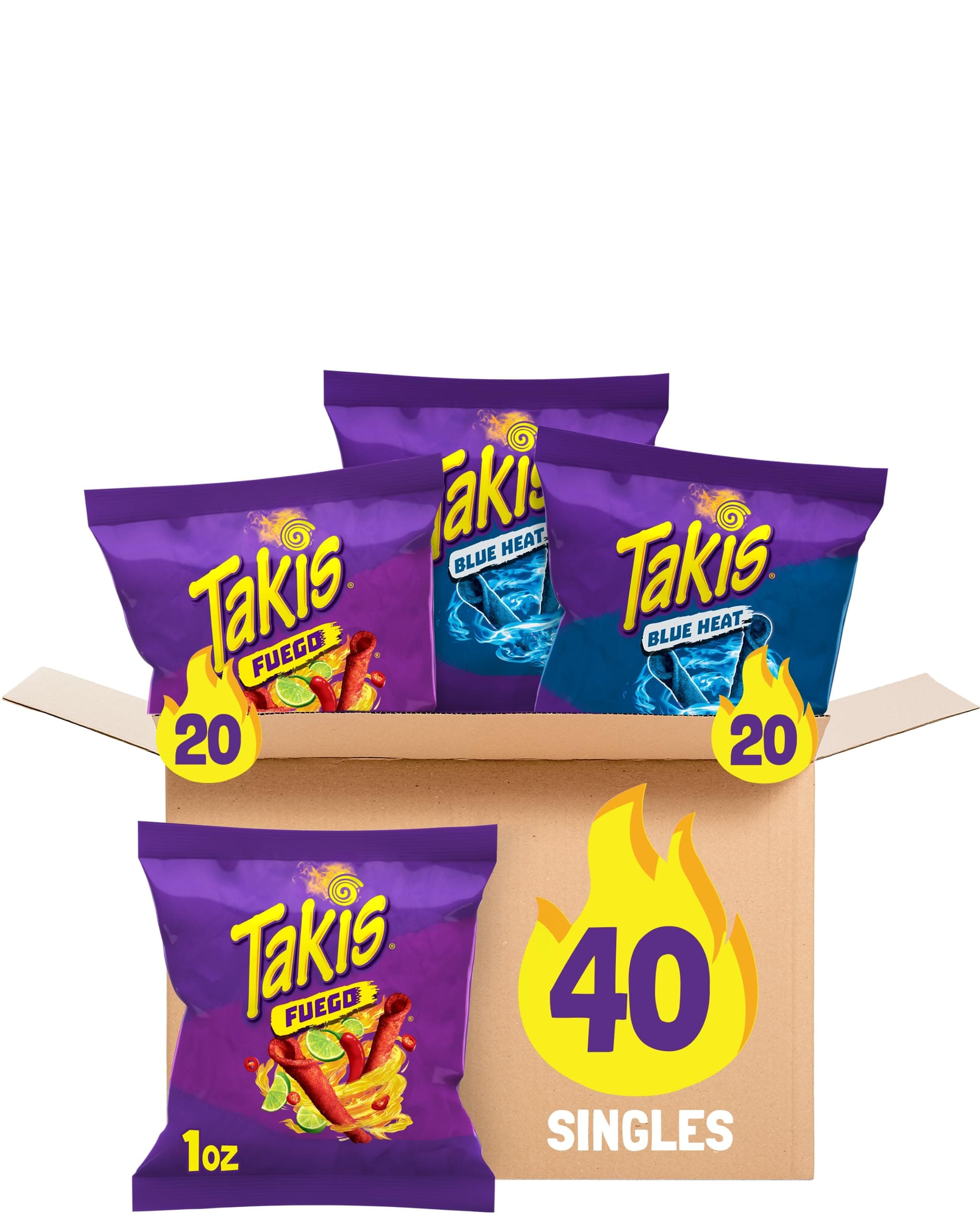 40 Pieces/28.3 g Assorted Pack, assorted mixed rolled tortilla chips - (20) Fuego 28.3 g, (20) Blue Heat 28.3 g