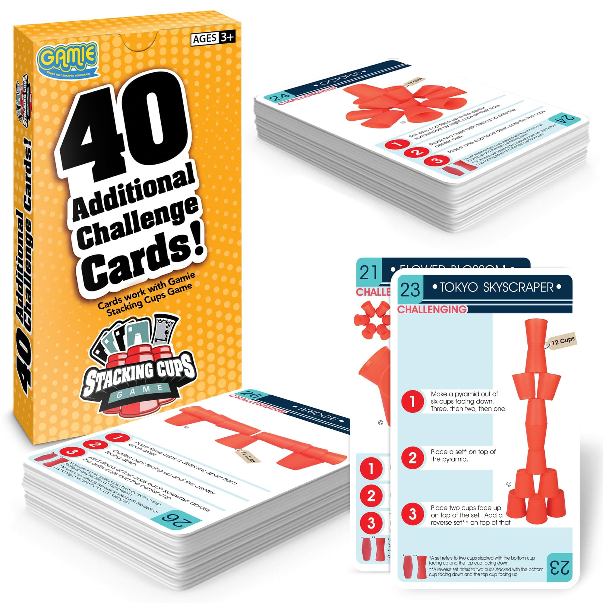 Gamie Challenge Cards for Stacking Cups Game - 40 Additional Cards With Instructions - 20 Medium and 20 High Difficulty for Next Level Fun - Cups Sold Separately