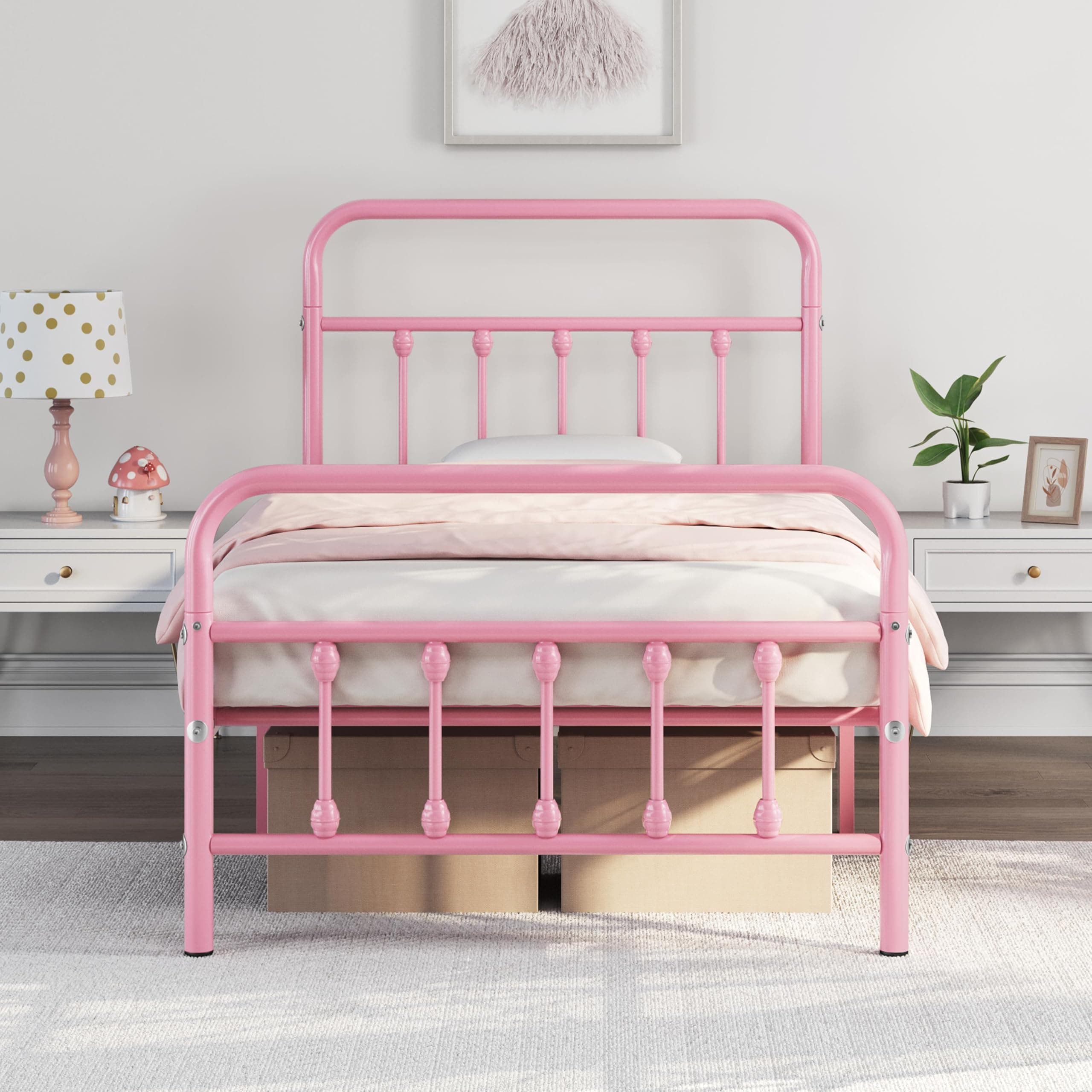 Yaheetech Classic Metal Platform Bed Frame Mattress Foundation with Victorian Style Iron-Art Headboard/Footboard/Under Bed Storage/No Box Spring Needed/Twin Size Pink