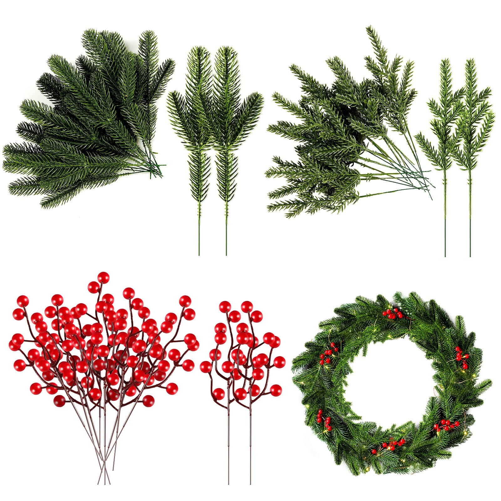 48 Pieces Artificial Pine Needles Branches Garland Artificial Red Berry Stems Greenery Floral Picks Fake Pine Tree Decor Fake Tree Branches DIY Christmas Wreath Artificial Berries Branches for Home