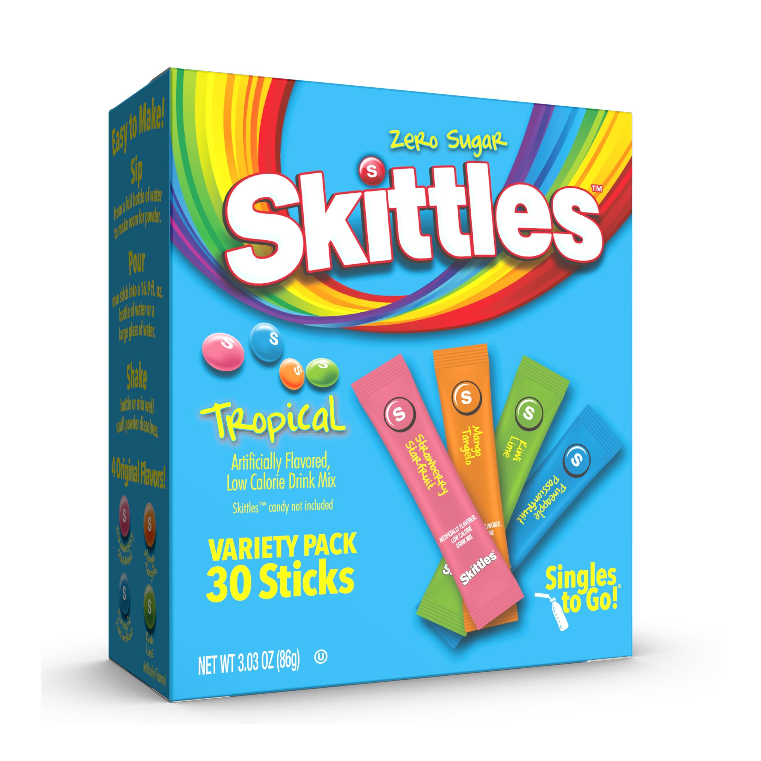 Skittles Singles To Go Tropical Flavors Variety Pack, Powdered Drink Mix, Strawberry Starfruit, Mango Tangelo, Kiwi Lime, Pineapple Passionfruit, 1 Box (30 Single Servings)