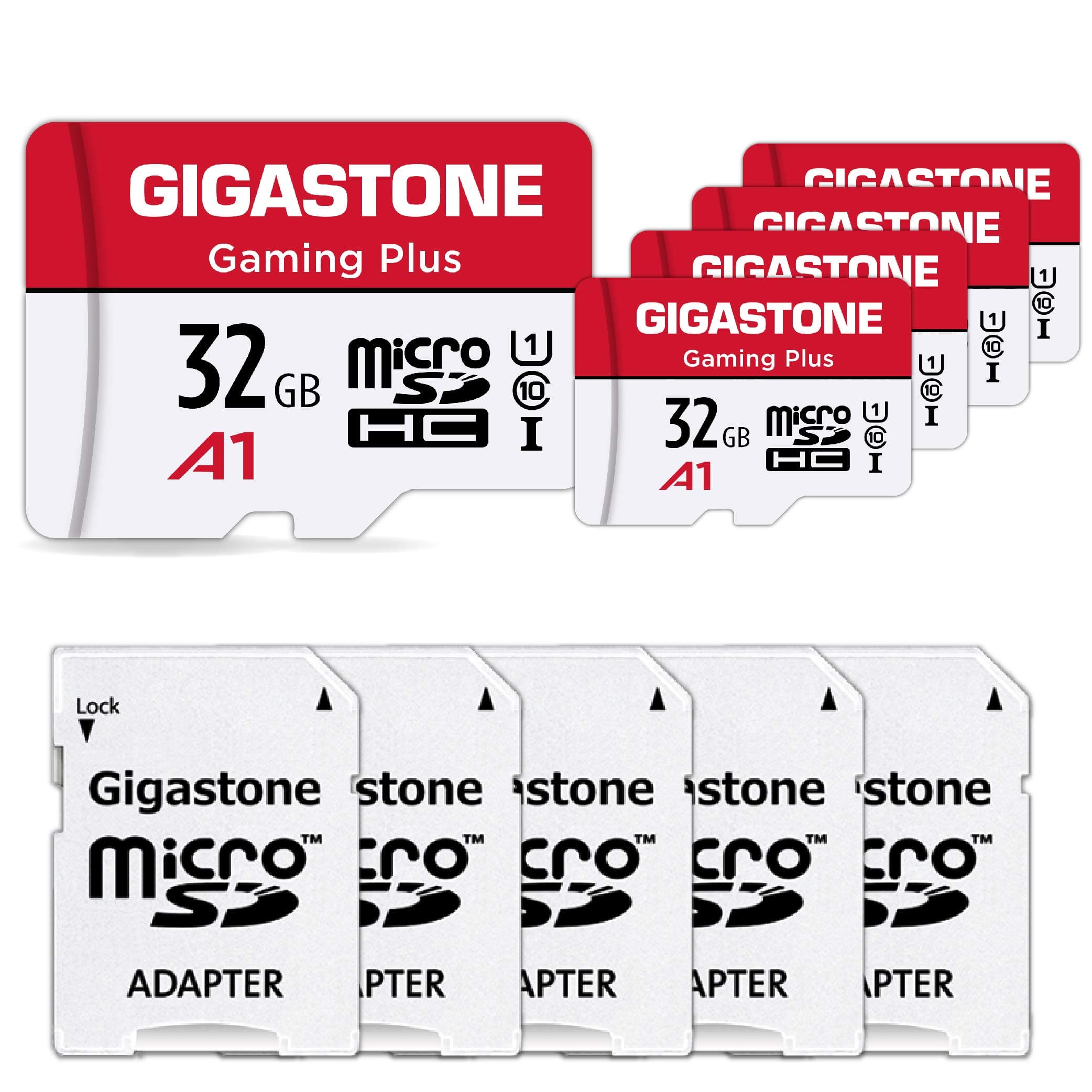 [GIGASTONE] Micro SD Card 32GB 5-Pack, Gaming Plus, MicroSDHC Memory Card for Nintendo-Switch, Wyze Cam, Roku, Full HD Video Recording, UHS-I U1 A1 Class 10, up to 90MB/s, with MicroSD to SD Adapter