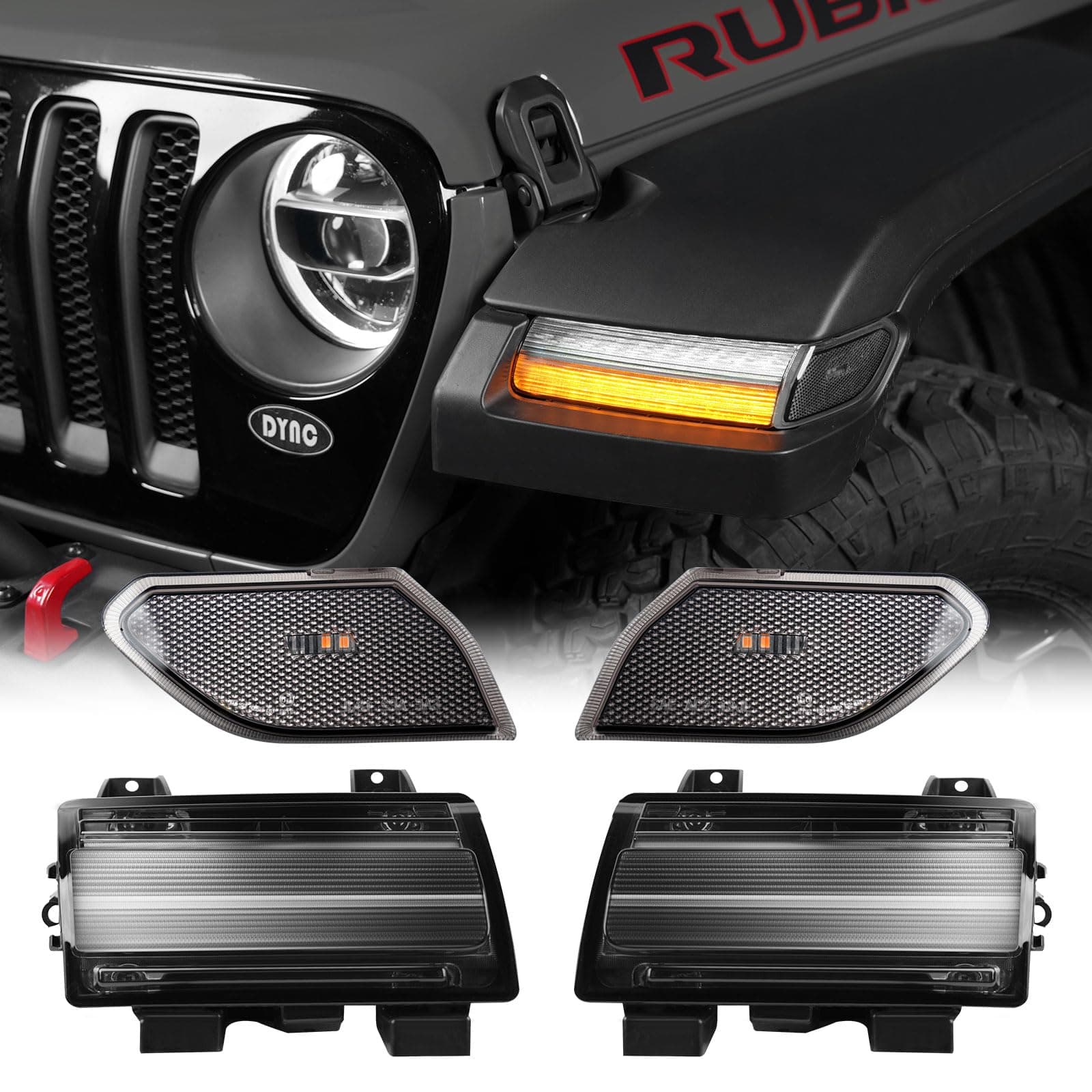 Sequential Flashing Turn Signal Lamp & Side Marker Light Set for Jeep Wrangler JL 2018-2023 & 20+ Gladiator JT OE Dula Halogen Bulbs with DRL, Smoke Lens（Not Fit JL Sport, JLU & Willys）