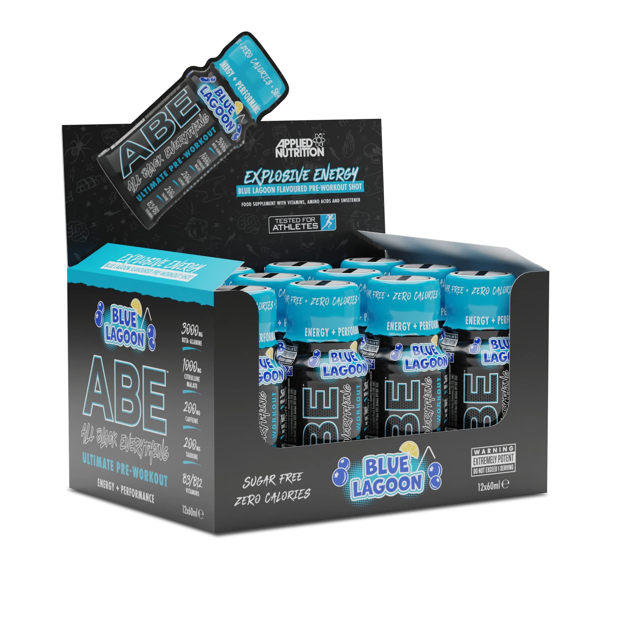 Applied Nutrition ABE Pre Workout Shot - All Black Everything Pre Workout Energy Shots, Physical Performance with Citrulline, Beta Alanine, Caffeine (Box 12 Units x 60ml) (Blue Lagoon)