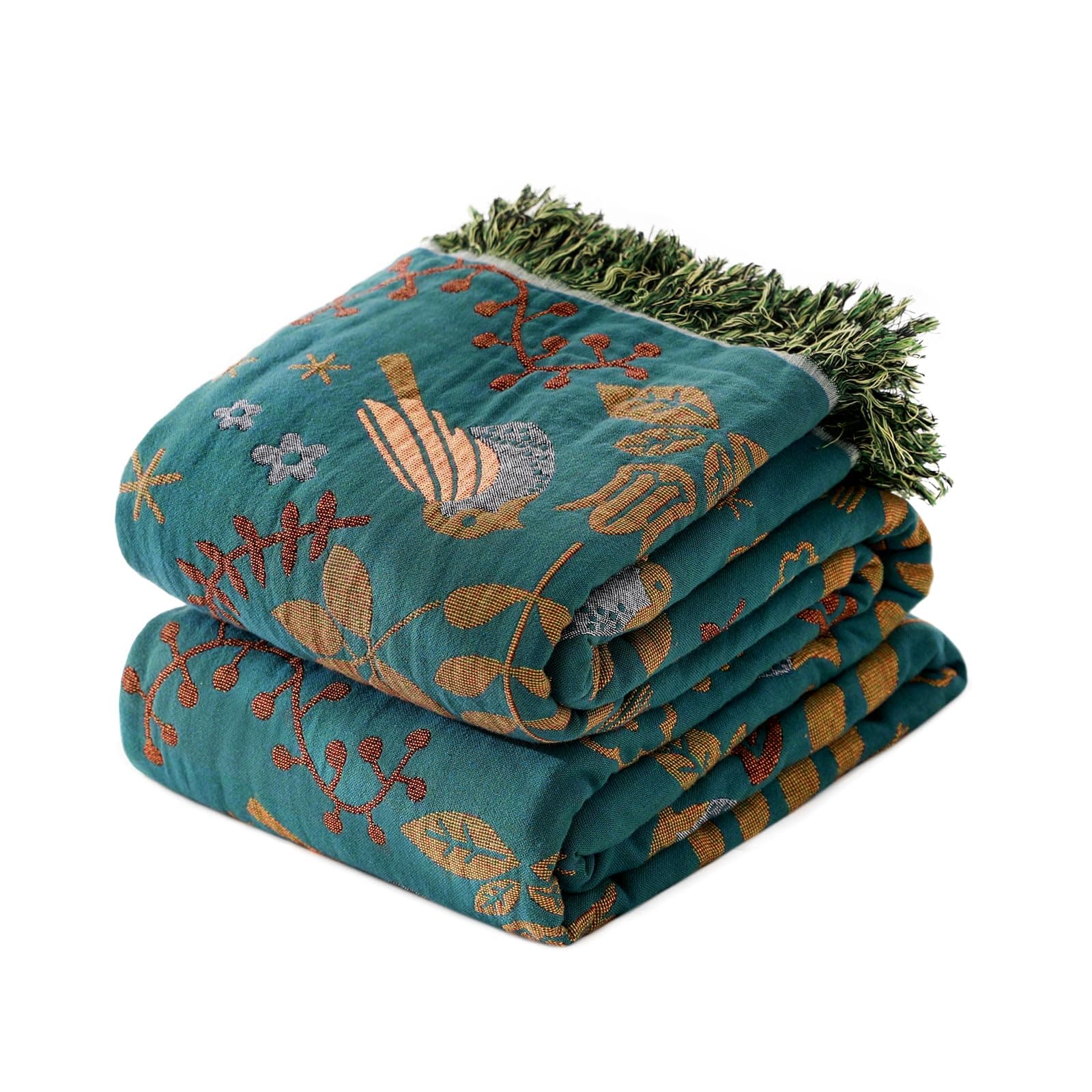 Queen Throw Blanket for Bed 100% Cotton Boho Soft Quilt Birds and Floral Double Embroidery Spring Breathable Bed Blanket,90"x90" Lightweight All Season Blankets for Bedding Couch Home Decor