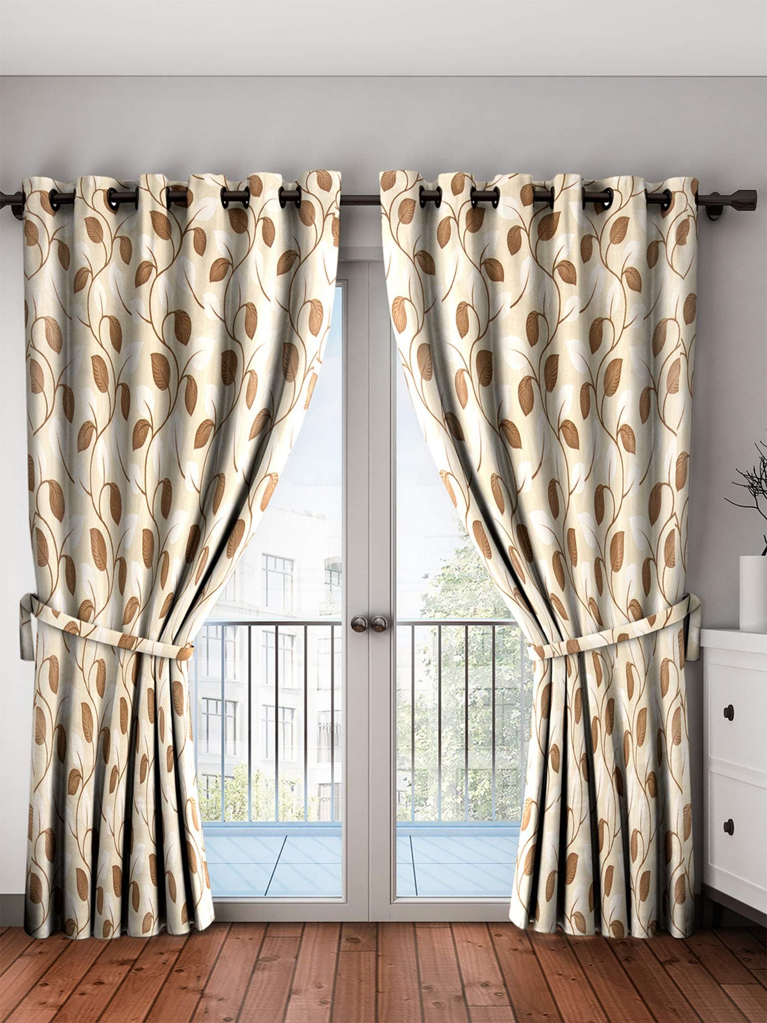 Home Spark Leaf 2 Pieces Polyester Brown Long Door Curtains - 9 feet