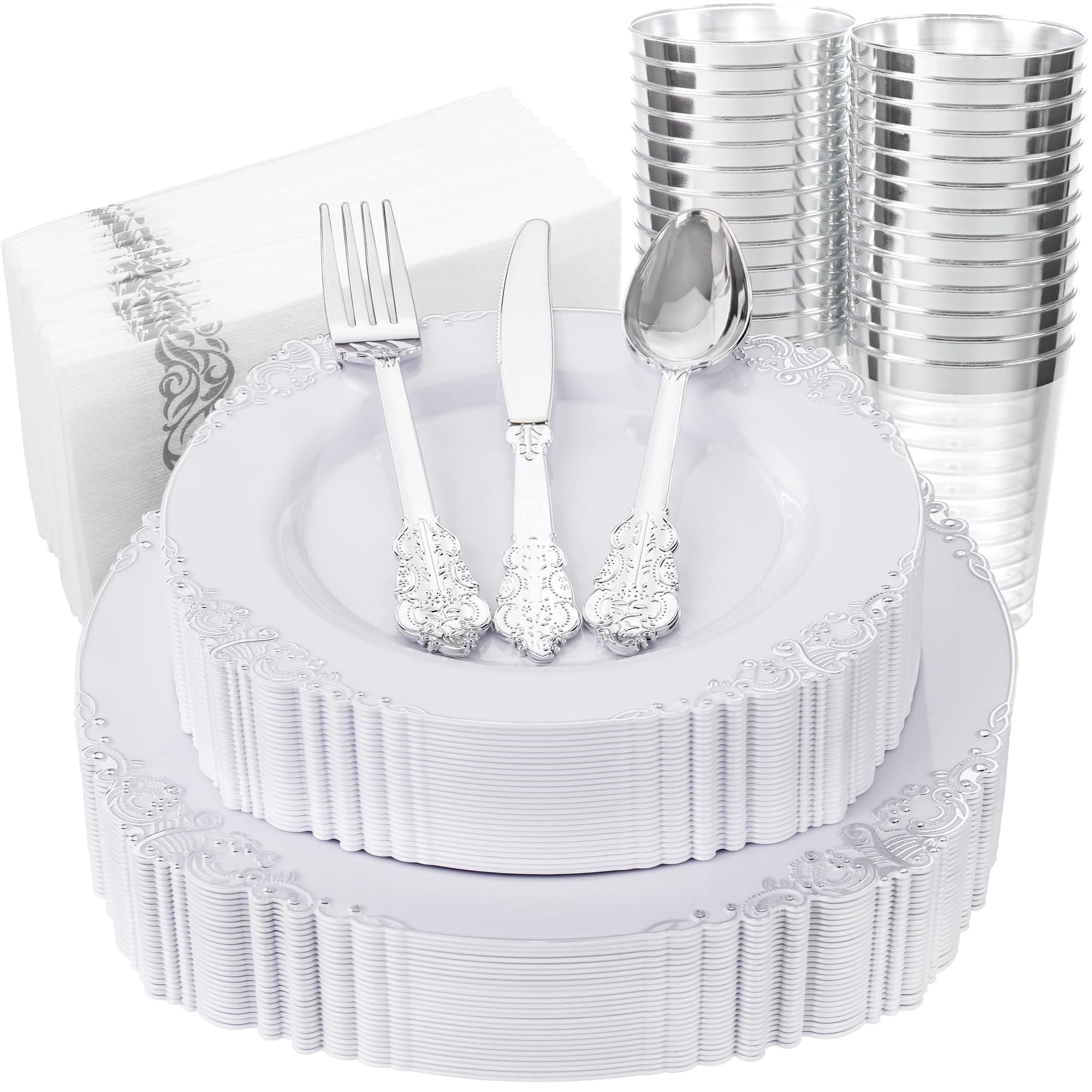 175PCS Silver Plastic Plates - White and Silver Disposable Plates for 25 Guests Include 50Plates, 25Cups, 25Forks, 25Knives, 25Spoons, 25Napkins for Wedding & Party