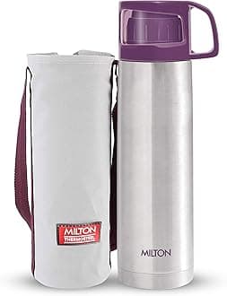 Milton Glassy 350 Thermosteel 24 Hours Hot and Cold Water Bottle with Drinking Cup Lid, 350 ml, Purple
