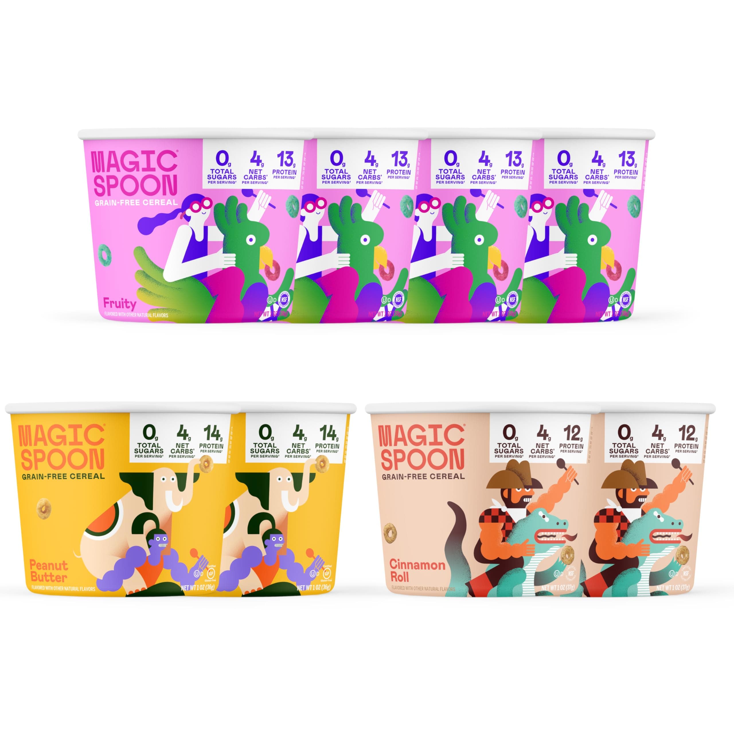 Magic Spoon Cereal, Variety 8-Pack Single Serve Cups - Keto & Low Carb Lifestyles, Gluten & Grain Free, High Protein, 0g Sugar (4 Fruity Cups, 2 Peanut Butter Cups, 2 Cinnamon Roll Cups)