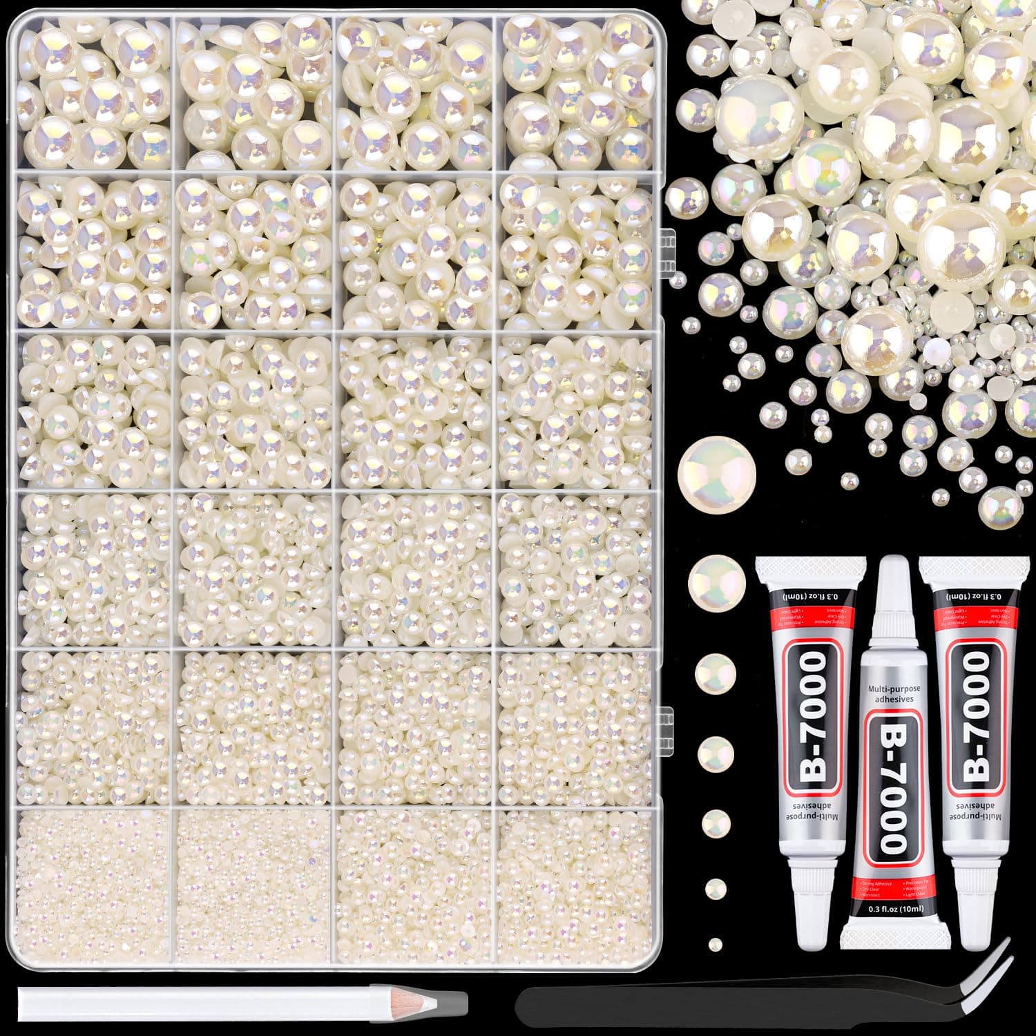 11000Pcs Flatback Pearls for Crafting (Beige AB), Assorted Size 2/3/4/5/6/8/10mm Half Pearl with 3Pcs 10ml B7000 Jewelry Glue, Bedazzling Bead for DIY Crafts Clothing Tumblers Shoes Nail Art