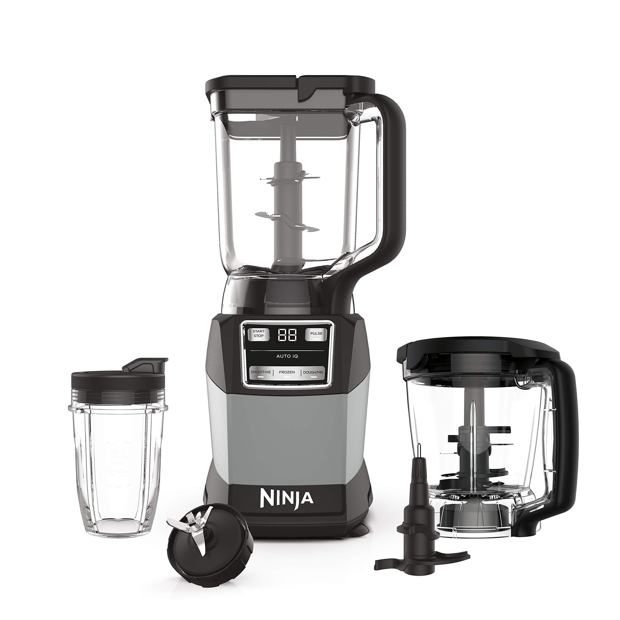 Blender, Compact Kitchen System, 1200W, 3 Functions for Smoothies, Dough & Frozen Drinks with Auto-IQ, 72-oz.* Blender Pitcher, 40-oz. Processor Bowl & 18-oz. Single-Serve Cup, Grey, AMZ493BRN