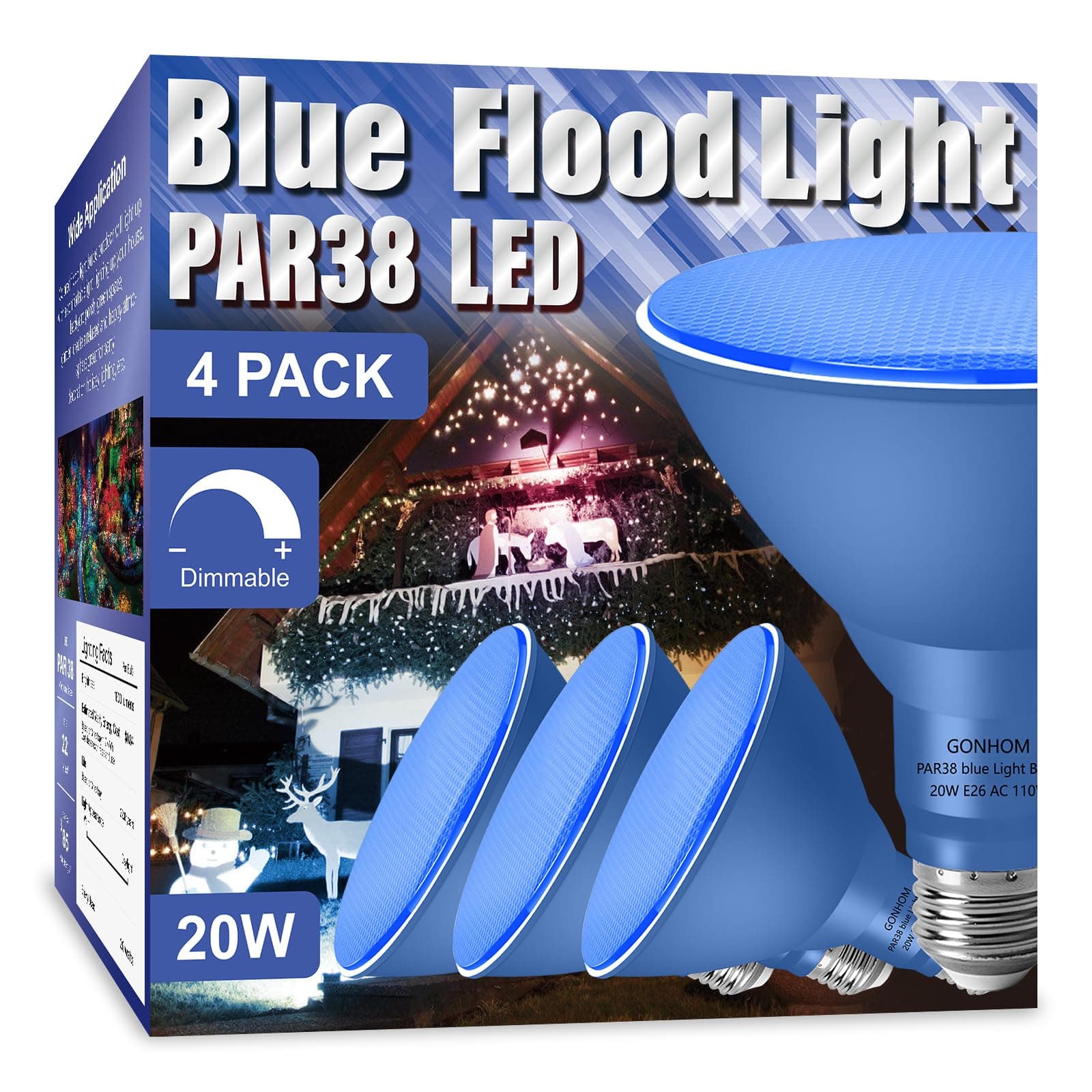 PAR38 Flood Lights Outdoor,Dimmable LED Flood Light Bulbs,20W(Equivalent to 200W),E26 Base,Outdoor Porch,Holiday Lighting,LED Flood Light Bulb for Halloween,Christmas,4 Pack Blue