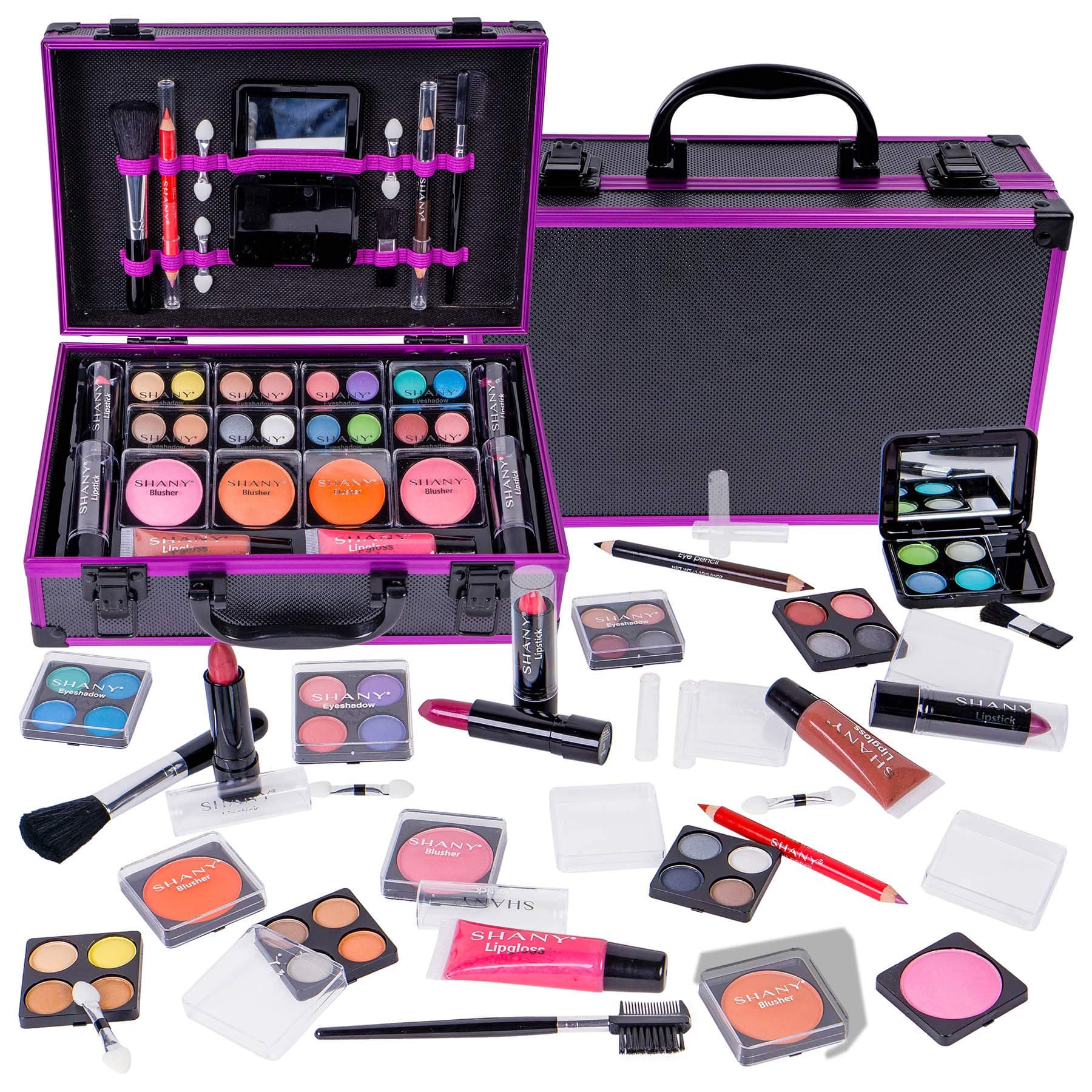 SHANY Carry All Make up Train Case with Pro Makeup Set, Beauty Brushes, Lipsticks, Eye Shadows, Blushes, Powders, and more - Reusable Cosmetics Storage Organizer - Premium Gift Packaging - Purple