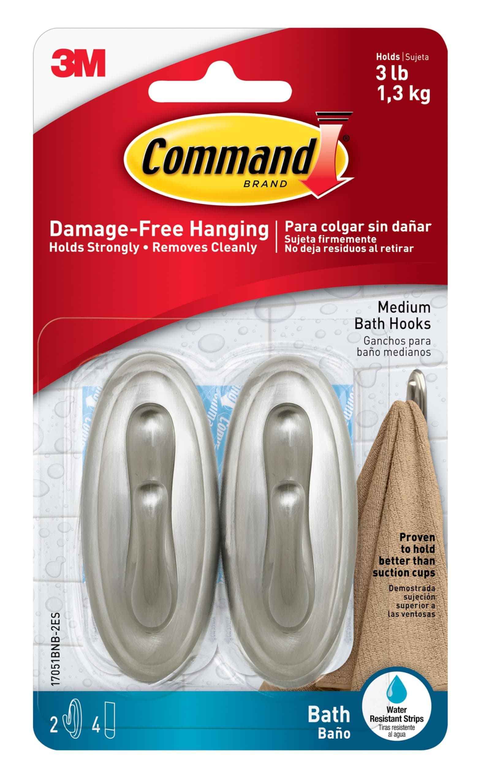 Command Medium Bath Hooks, Holds up to 3 lb, 2 Shower Hooks, 4 Water Resistant Strips, Brushed Nickel Colored, Damage Free Bathroom Organization for Robes, Towels, or Loofahs