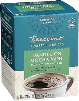 Teeccino Dandelion Mocha Mint Tea - Caffeine Free, Roasted Herbal Tea with Prebiotics, 3x More Herbs than Regular Tea Bags, Gluten Free - 10 Tea Bags