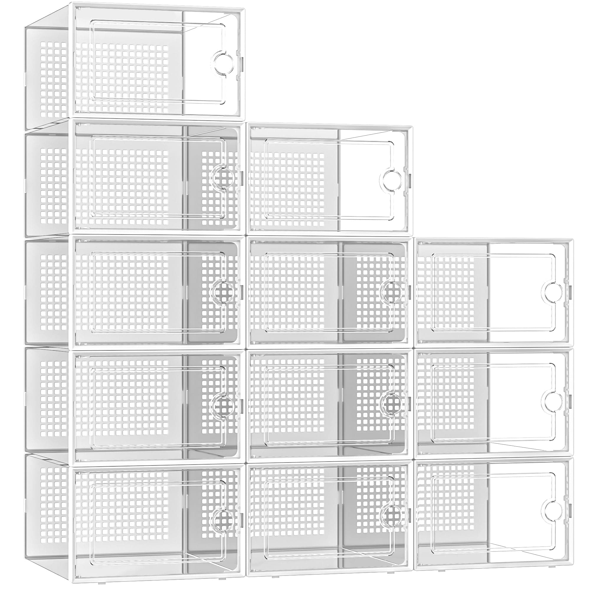 X-Large Shoe Storage Boxes Organizers Clear Plastic Stackable 12 Pack, Shoe Rack & Holder Substitute, Sneaker Containers, Toy Storage Organizer Bins for Entryway, Closet, Under Bed, White