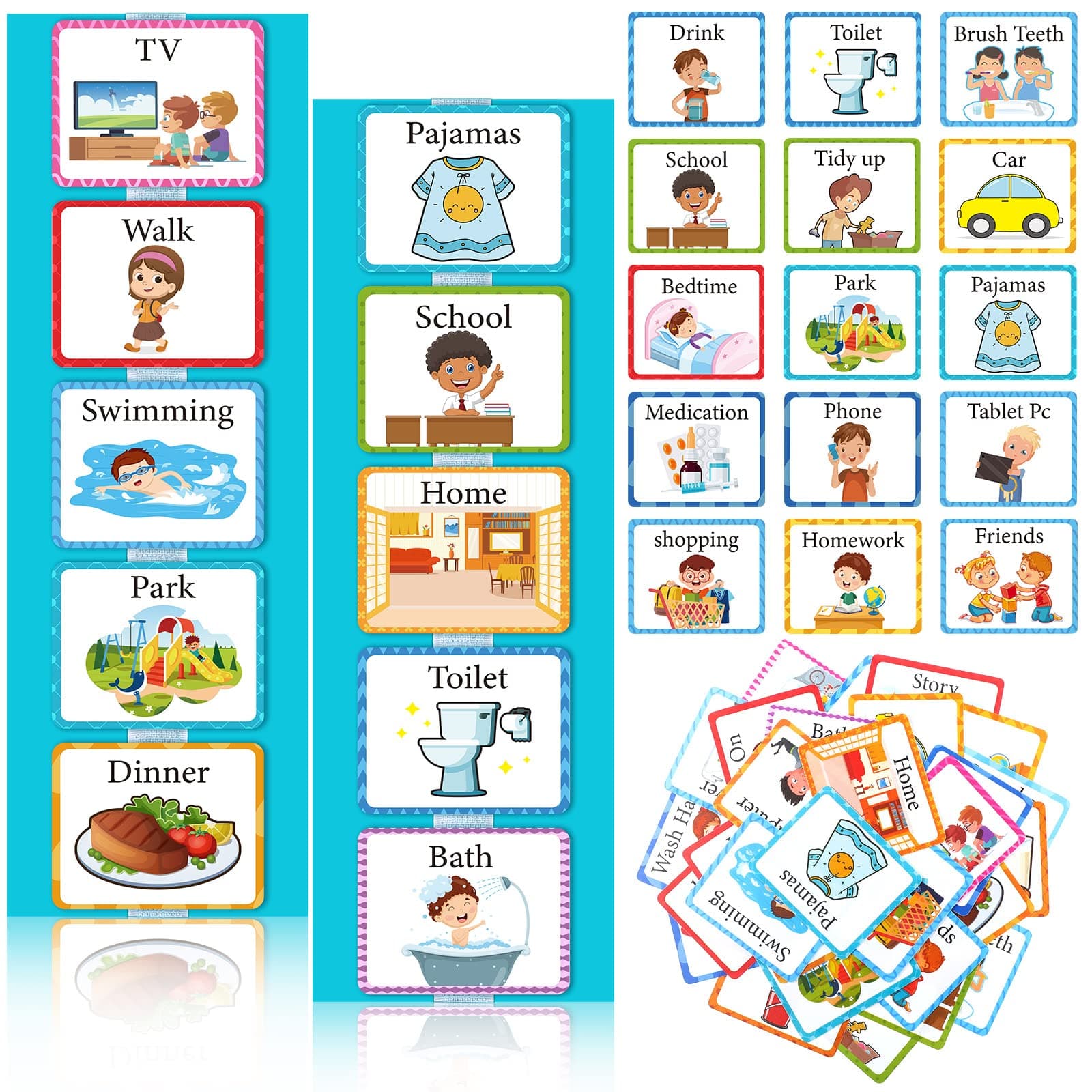 Visual 35 Pieces Schedule for Toddlers Autism Learning Materials Kids Routine Cards Visual Wall Planner, 2 Chore Chart Schedule Board for Home School, 2 Rough Strips, 35 Hook and Loop Dots(Cyan)