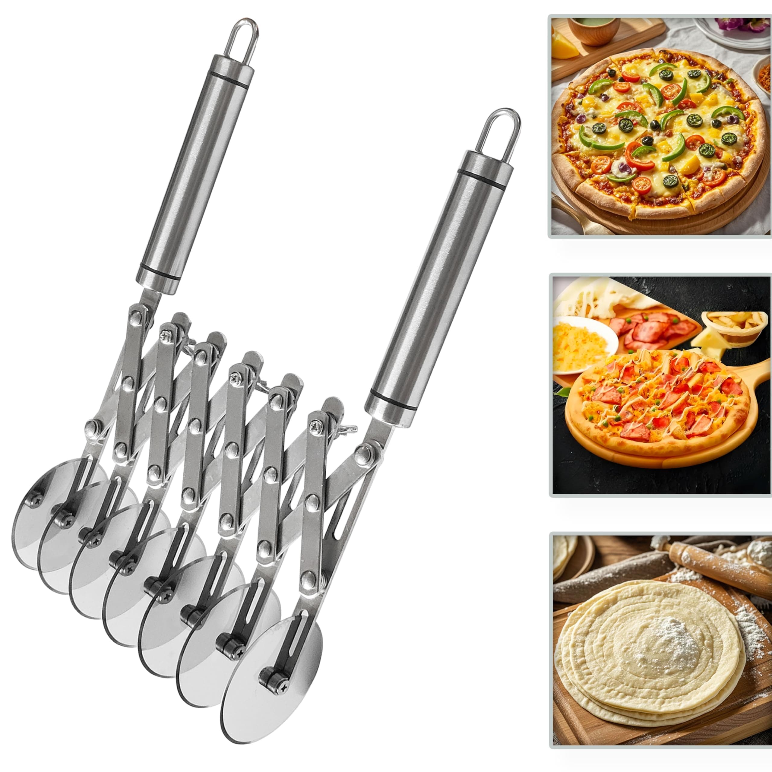 7 Wheel Pastry Cutter Tool,Adjustable Pasta Cutter wheel with Handle, Stainless Steel Multiple Pasta Roller Cutter tools, Baking Roller Pizza Cutter Slicer