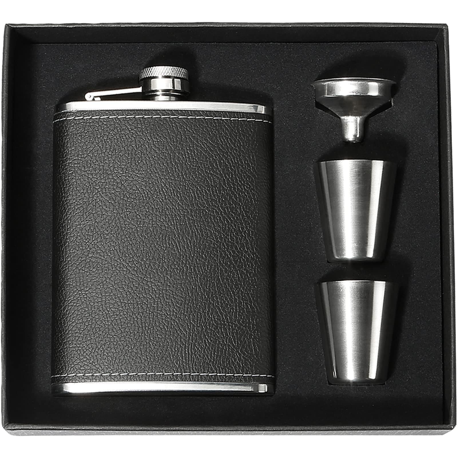8oz Hip Flask Gift Set for Men – Includes Leak-Proof Flask, 2 Stainless Steel Cups, and Funnel in Stylish Black Leather, Ideal for Whiskey and Perfect as a Wedding or Groomsman Gift