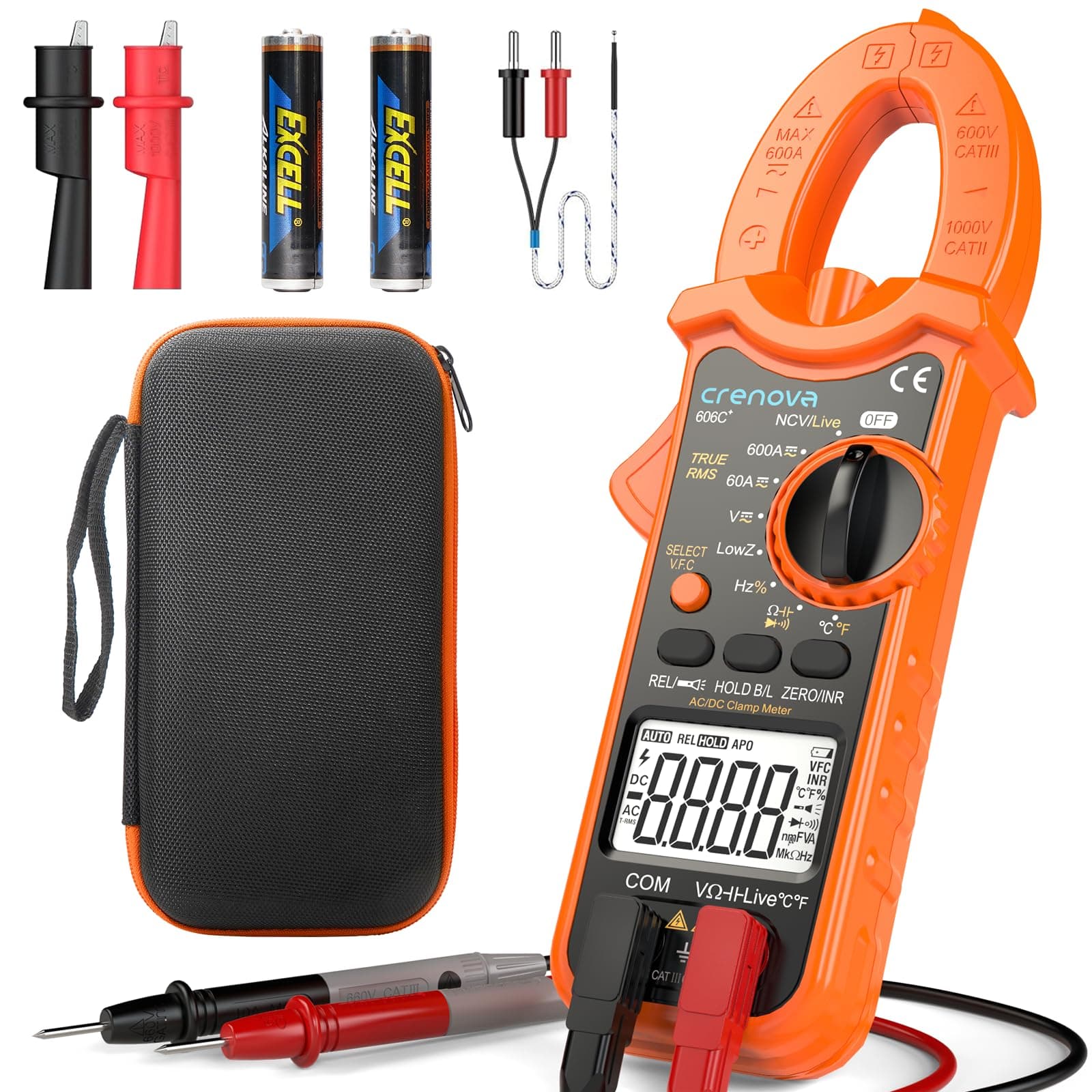Crenova Clamp Meter, 6000 Counts TRMS Multimeter, Auto-Ranging Amp Meter with AC/DC Current/Voltage, Resistance, Capacitance, Frequency, Duty Cycle, Temperature, Continuity, Diode, NCV, Live Wire Test