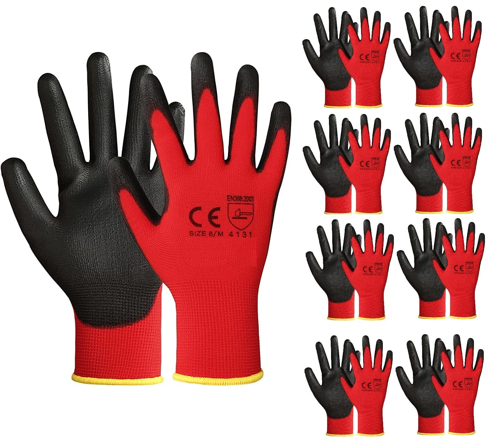 A406 24 Pair Red Work Gloves Nitrile Coated for Builders, Gardening, Construction, Warehouse Use (Large)