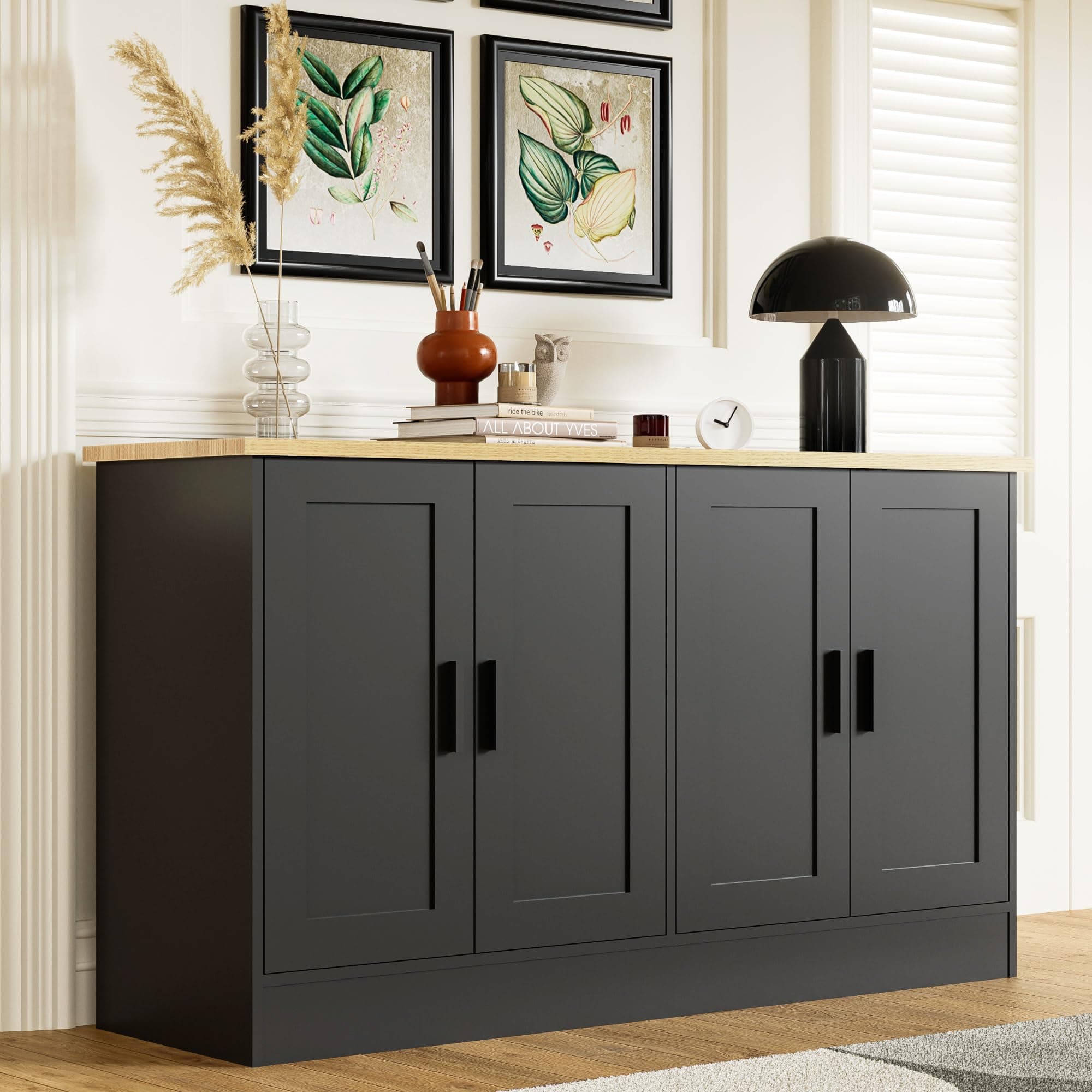 53" Black Buffet Cabinet with Storage, Modern Kitchen Sideboard with 4 Doors & Adjustable Shelves, Entryway Credenza & TV Console Table for Living Room, Dining Room