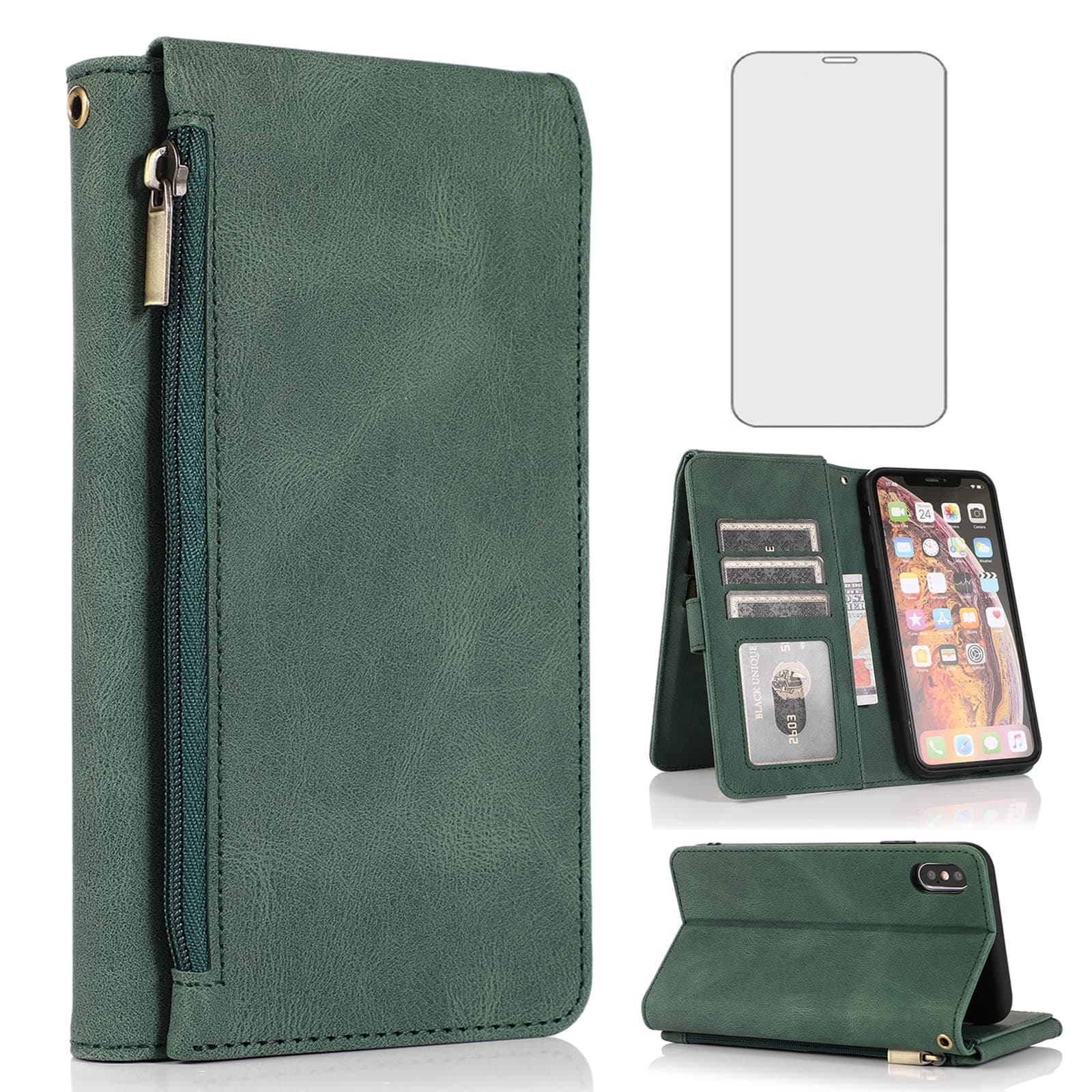 Compatible with iPhone Xs X 10 10s Wallet Case Tempered Glass Screen Protector Zipper Leather Flip Cover Card Holder Stand Phone for iPhoneX iPhoneXs iPhone10 i PhoneX SX 10x 10xs X’s Women Men Green