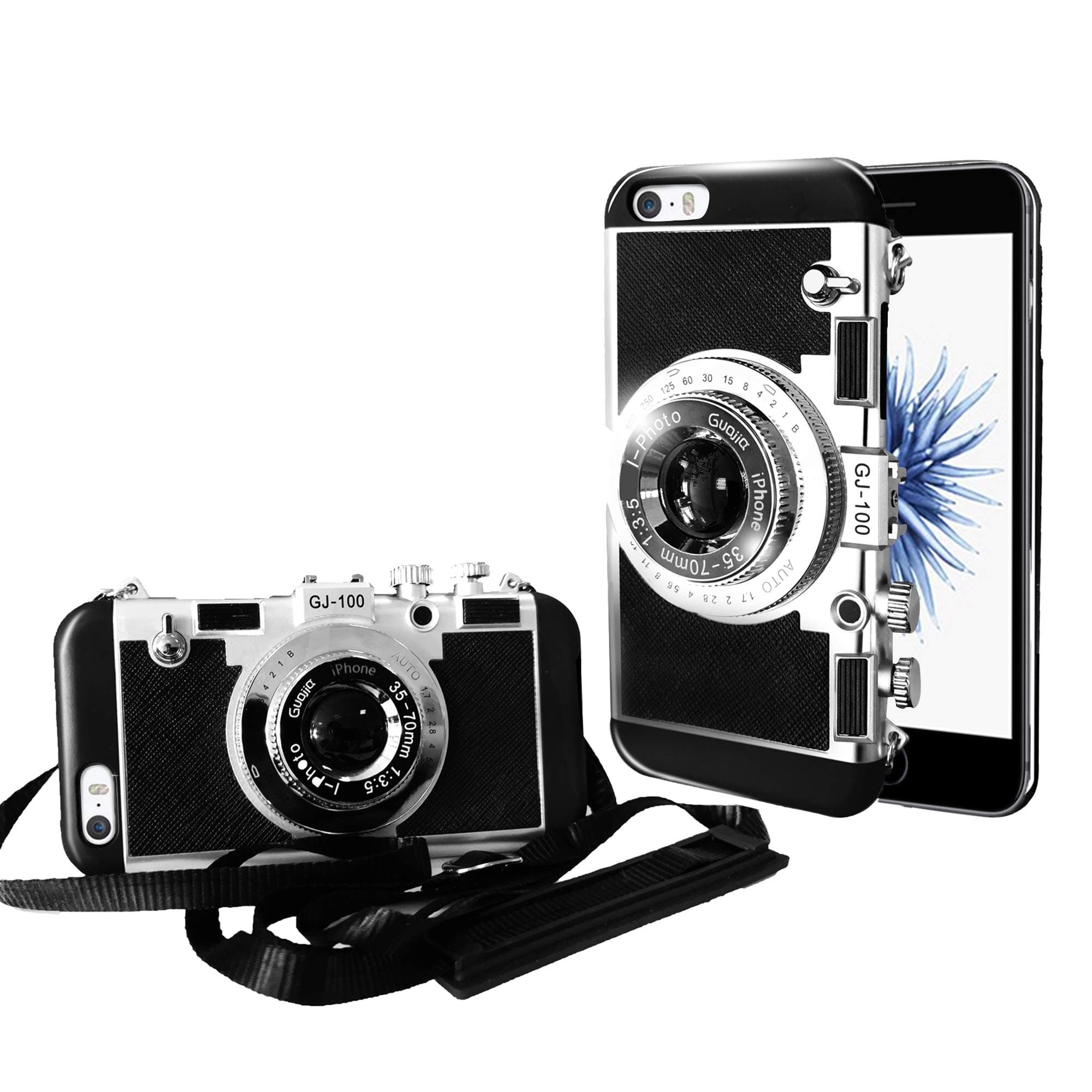 Guojia iPhone 6/6s Camera case, 3D Cute Design Silicone Cover with Long Strap Rope,Cool Phone Protector for iPhone 6/iPhone 6s (4.7 inch)-Black