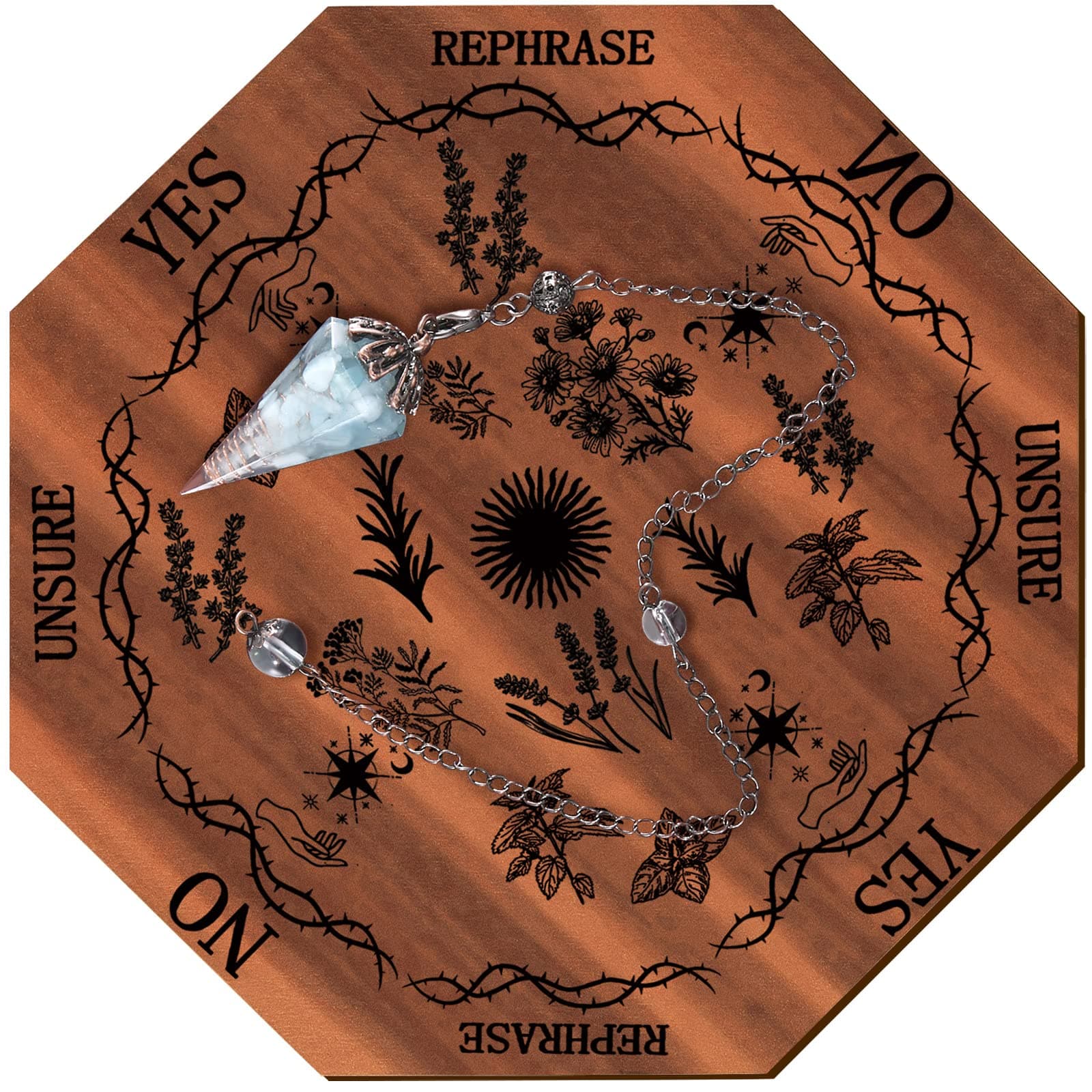 2 Pieces Pendulum Board Dowsing Divination Wooden Pendulum Board Set with Crystal Dowsing Witchcraft Wiccan Altar Supplies Kit for Divination Decoration