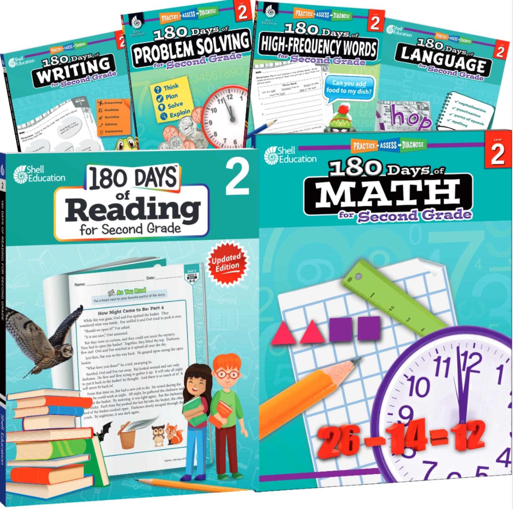 180 Days™: Includes 6 Assorted Second Grade Workbooks to Practice Math, Reading, and Sight Word Skills for Classroom and Home, Cool and Fun Practice Created by Teachers