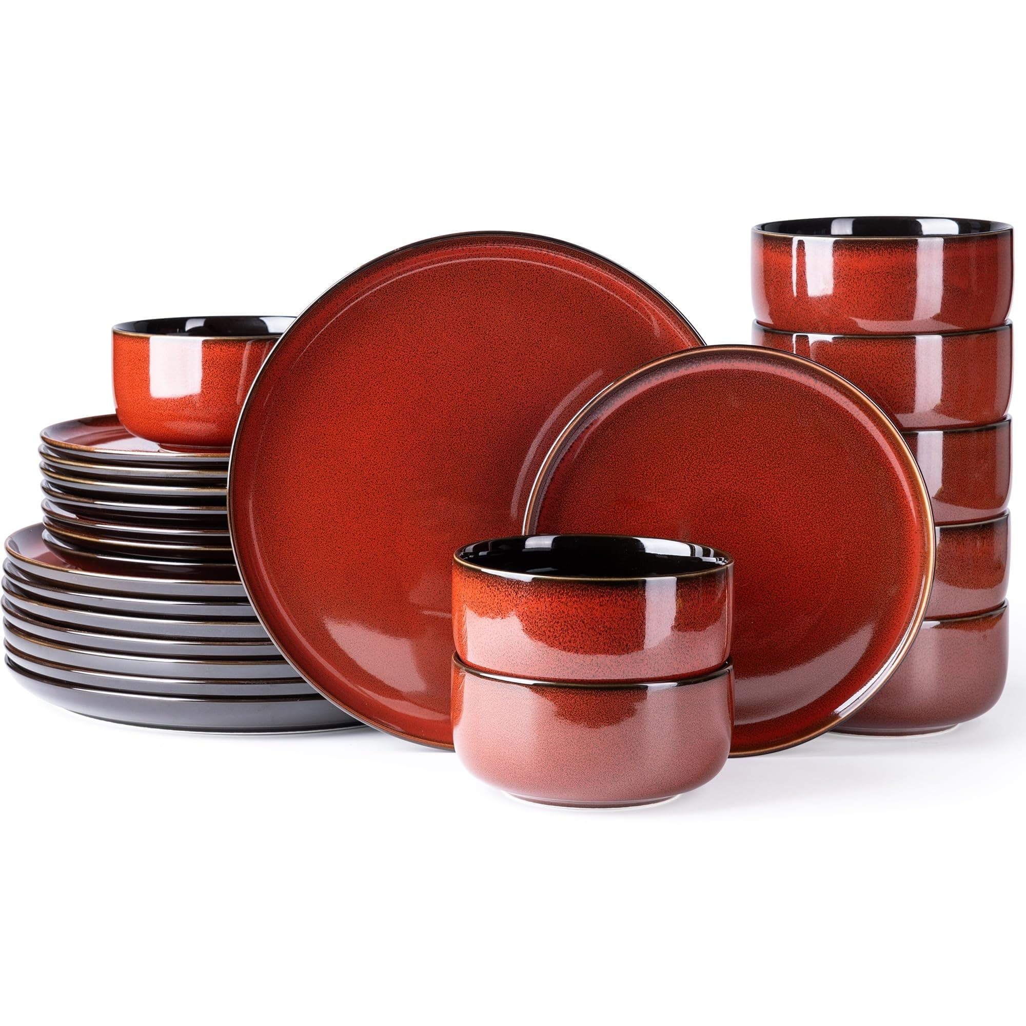 LERATIO Ceramic Dinnerware Sets for 8,Plates and Bowls Sets,Handmade Reactive Glaze Dishes Set,Highly Chip and Crack Resistant | Dishwasher & Microwave & Oven Safe Dishes set,Service for 8-Red(24pc)