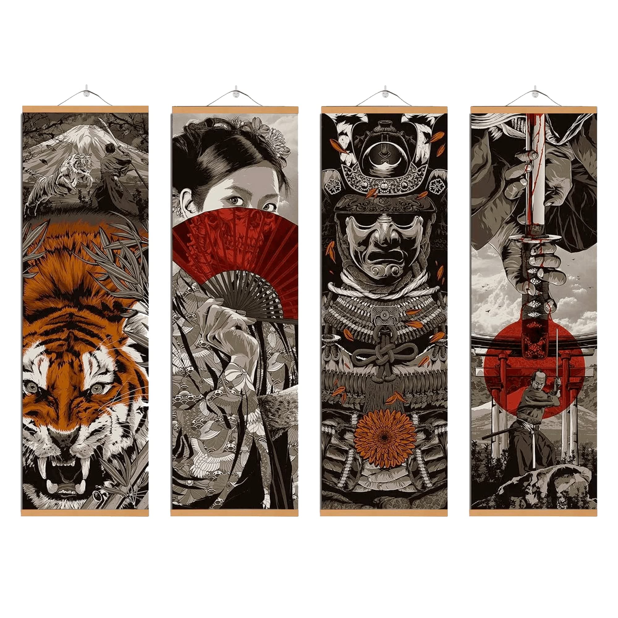 4PCS Japanese Wall Art, Sumurai Armor Warrior Canvas Decorations With Scroll Wood Framed, Bedroom and Sushi Restaurant Decor, 11''x35''