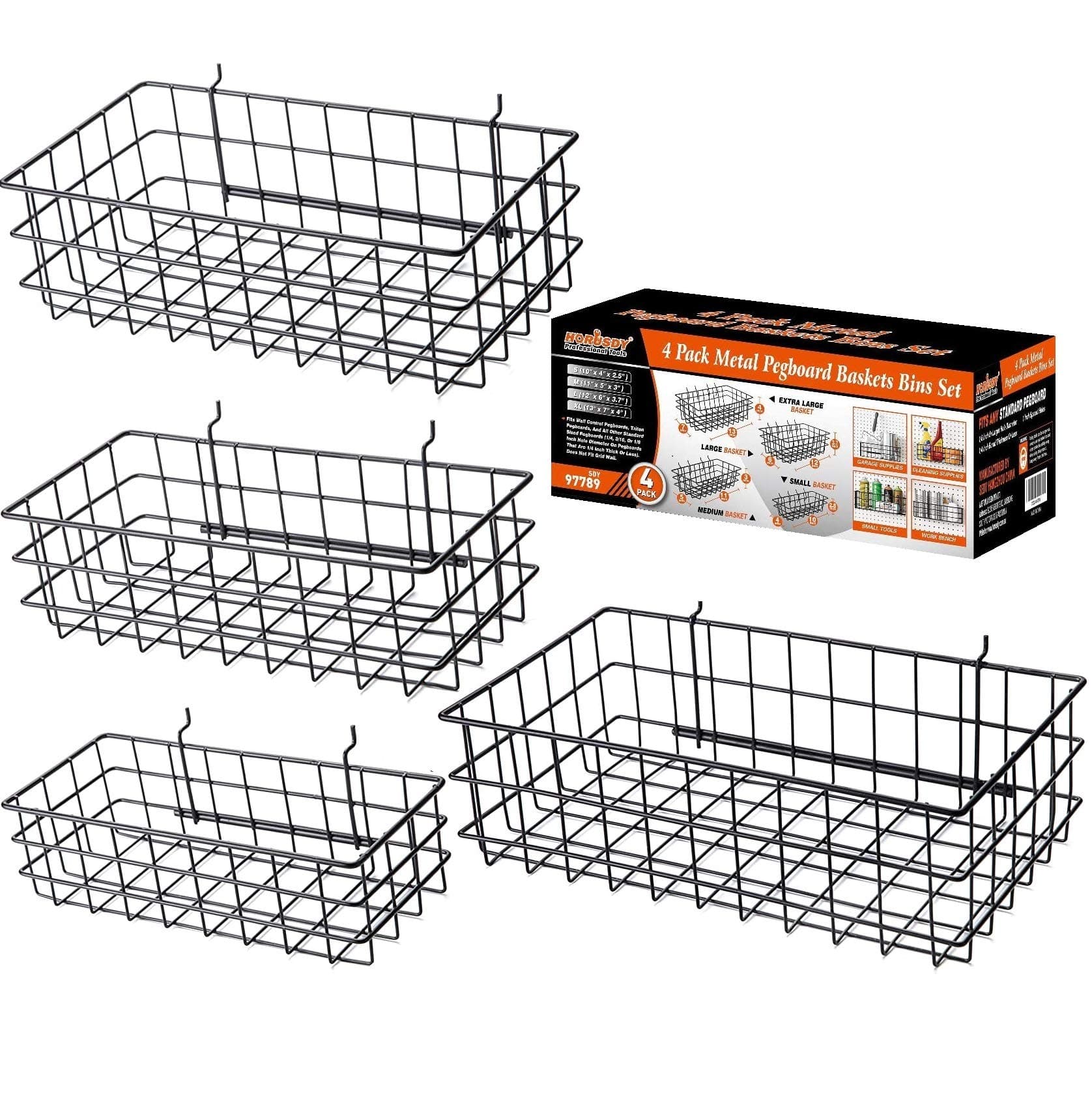 HORUSDYPeg Board Bins and Baskets | 4 Pack | Square Style 4 Size Pegboard Baskets and Pegboard Bins for Organize Workbenches, Accessories