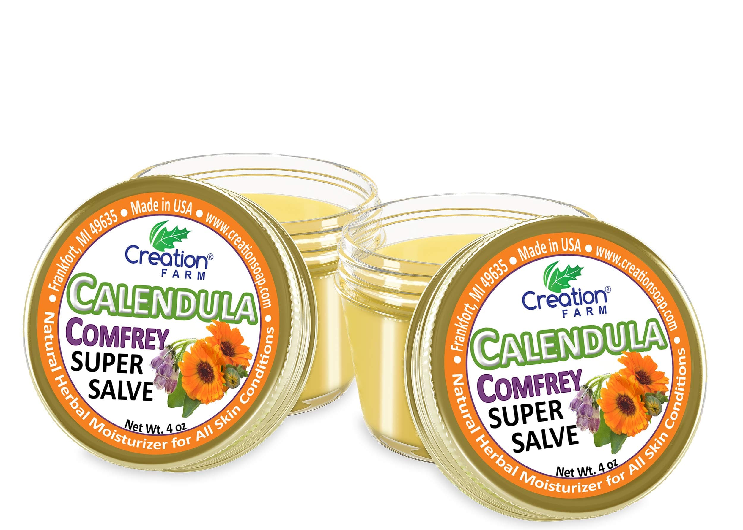 Calendula Comfrey Super Salve 8OZ- (2-4 oz Jars), by Creation Farm Balm Soothes Baby Bottoms, Hand Cream for Dry Cracked skin, Tattoos and Beards Grown and Made in USA from Real Herbs