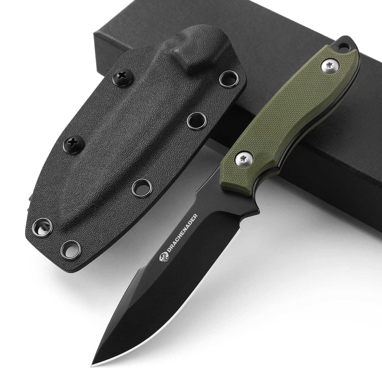 DRACHENADER 7" D2 Steel EDC Fixed Blade Knife, Versatile Carry with Kydex Sheath and G10 Handle (B- Black Balde + Green Handle)