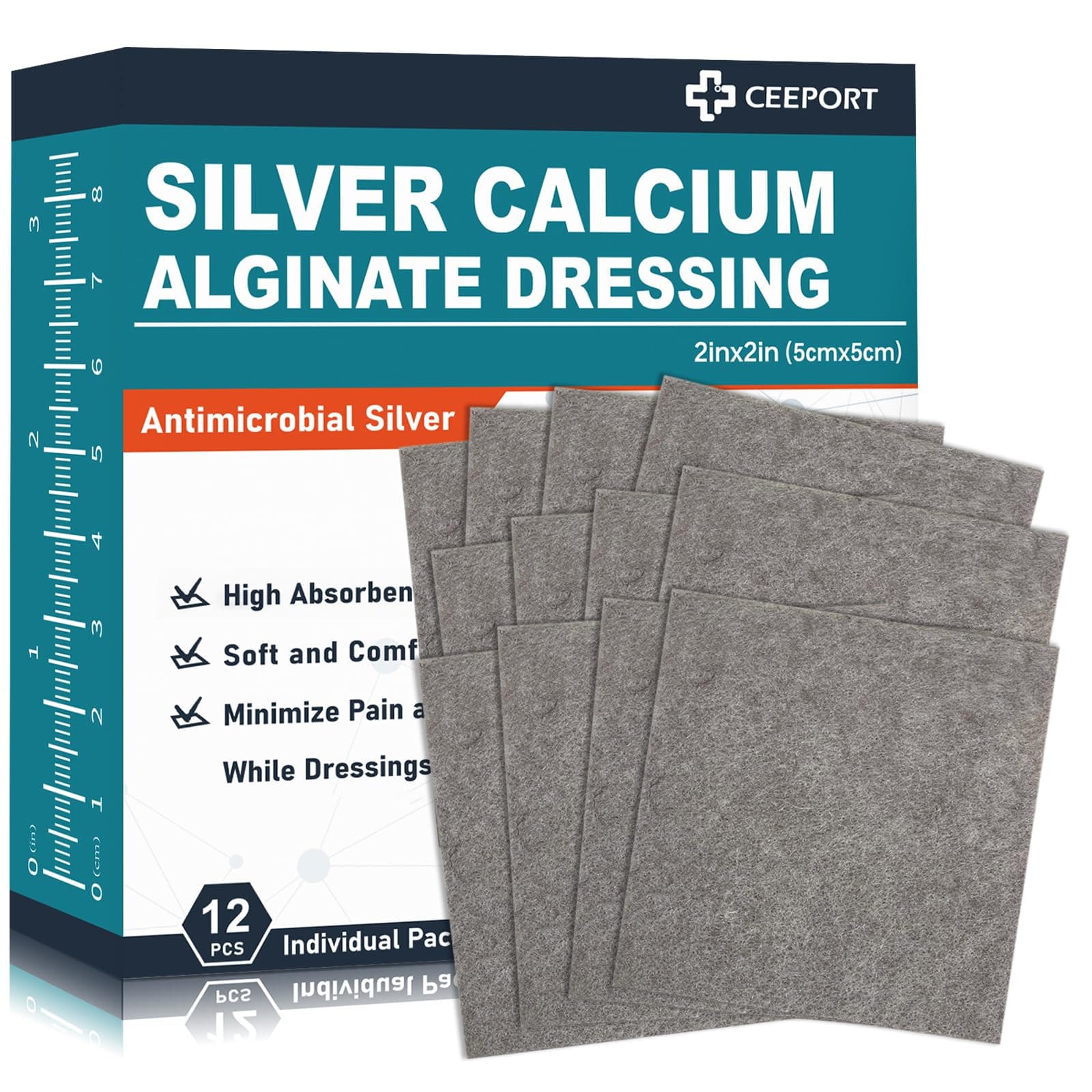 Ceeport 2 "x 2" Ag Silver Calcium Alginate Wound Dressing Pads, 12 Individual Pack Highly Absorbent Painless Removal Dressing, Soft Silver Dressings for Wound Care, Non-Stick Gauze Pads for Wounds