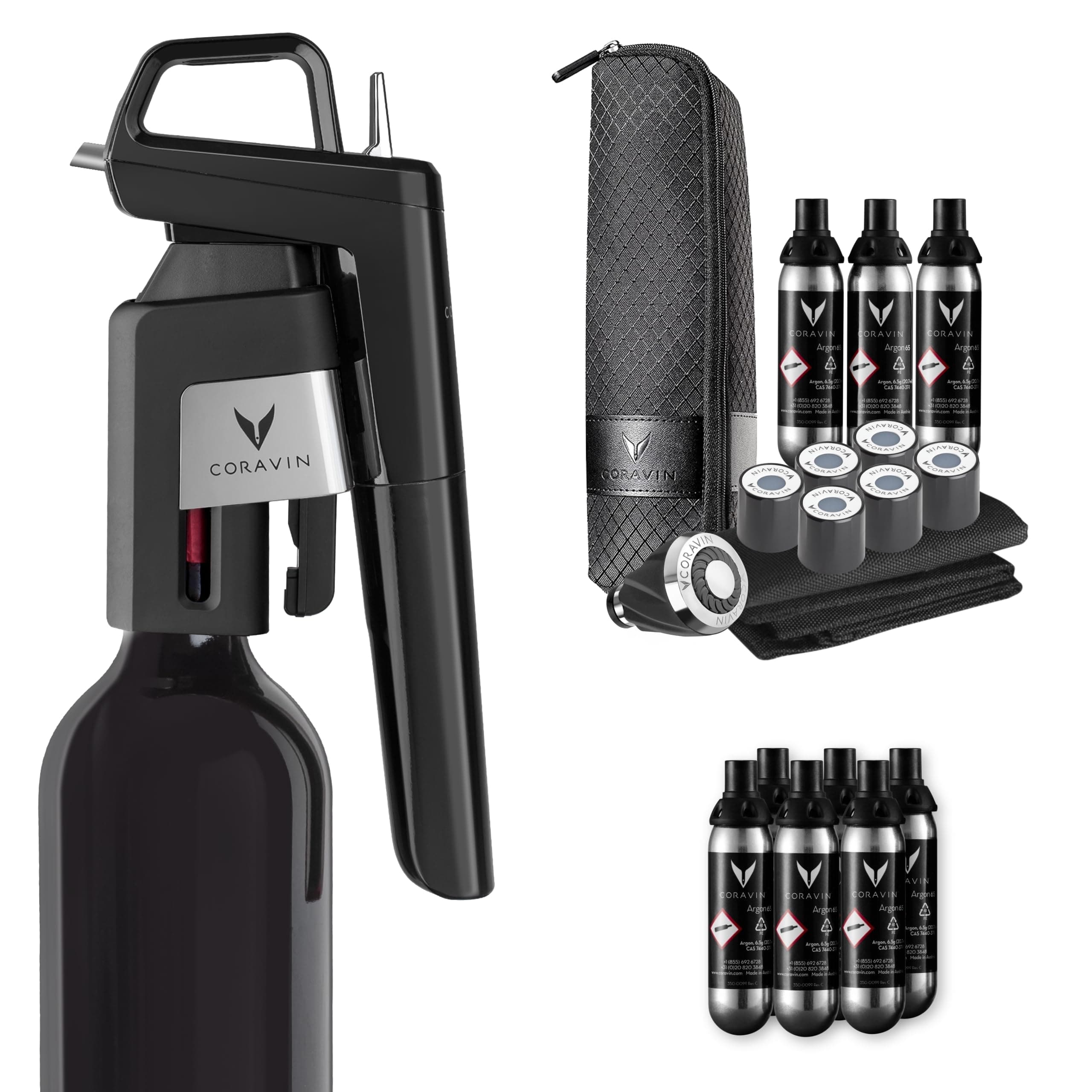 Coravin Timeless Six Plus Piano Black Wine Preservation System - By-the-Glass Wine Saver - Wine Aerator, 9 Pure Argon Capsules, 6 Screw Caps, Clearing Needle & Carry Case - Bundle