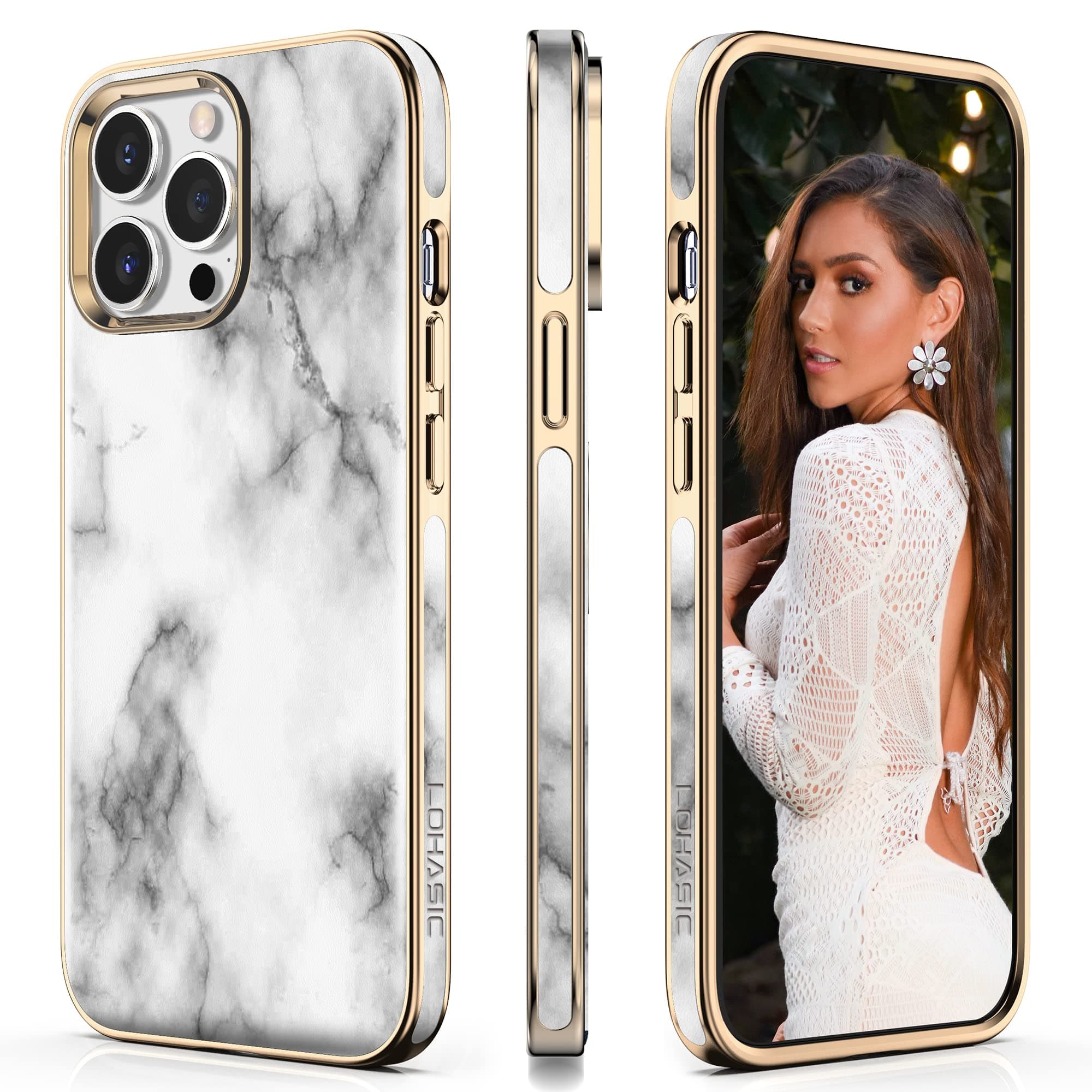 LOHASIC for iPhone 13 Pro Max Case Leather – Slim Soft Luxury Chrome Edge Cover, Business Designer Case iPhone 13 Pro Max for Women Girls - White Marble