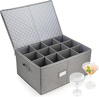 LotFancy Stemware Storage Container for Moving, Hard Shell, Wide Wine Glass Storage Box with Dividers & Handles, Stackable, Foldable Crystal Glassware Case, 21”x15.5”x10”, Grey