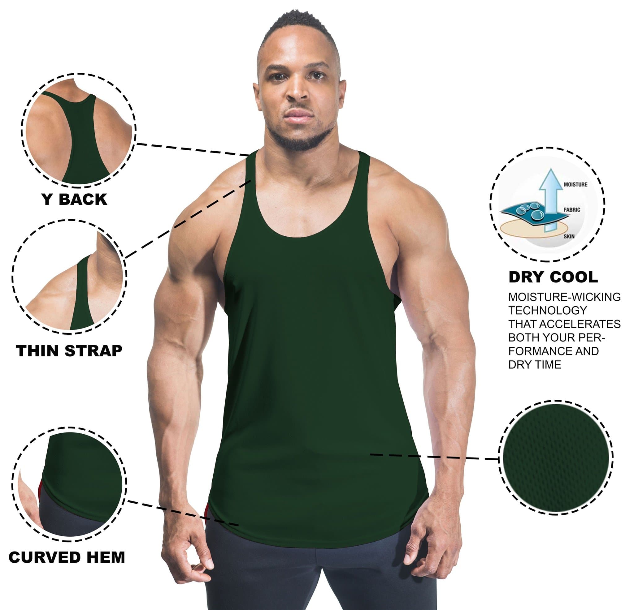 MENS PLAIN POLYESTER BODYBUILDING GYM STRINGER VEST Y BACK RACERBACK TANK TOP RACER DRY COOL GREEN