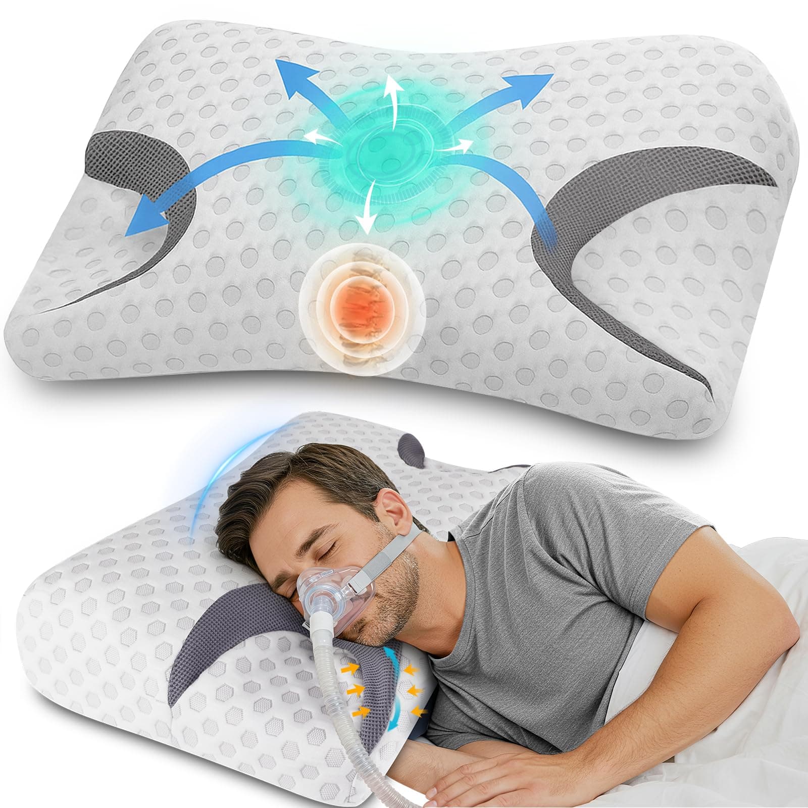 IKSTAR CPAP Pillow for Side Sleeper, 2 in 1 Neck Cervical Pillow Pain Relief Sleeping, Memory foam Neck Support Pillow for Side Sleeping Ideal for All CPAP Masks User, Prevent Air Leaks & Squeeze Face