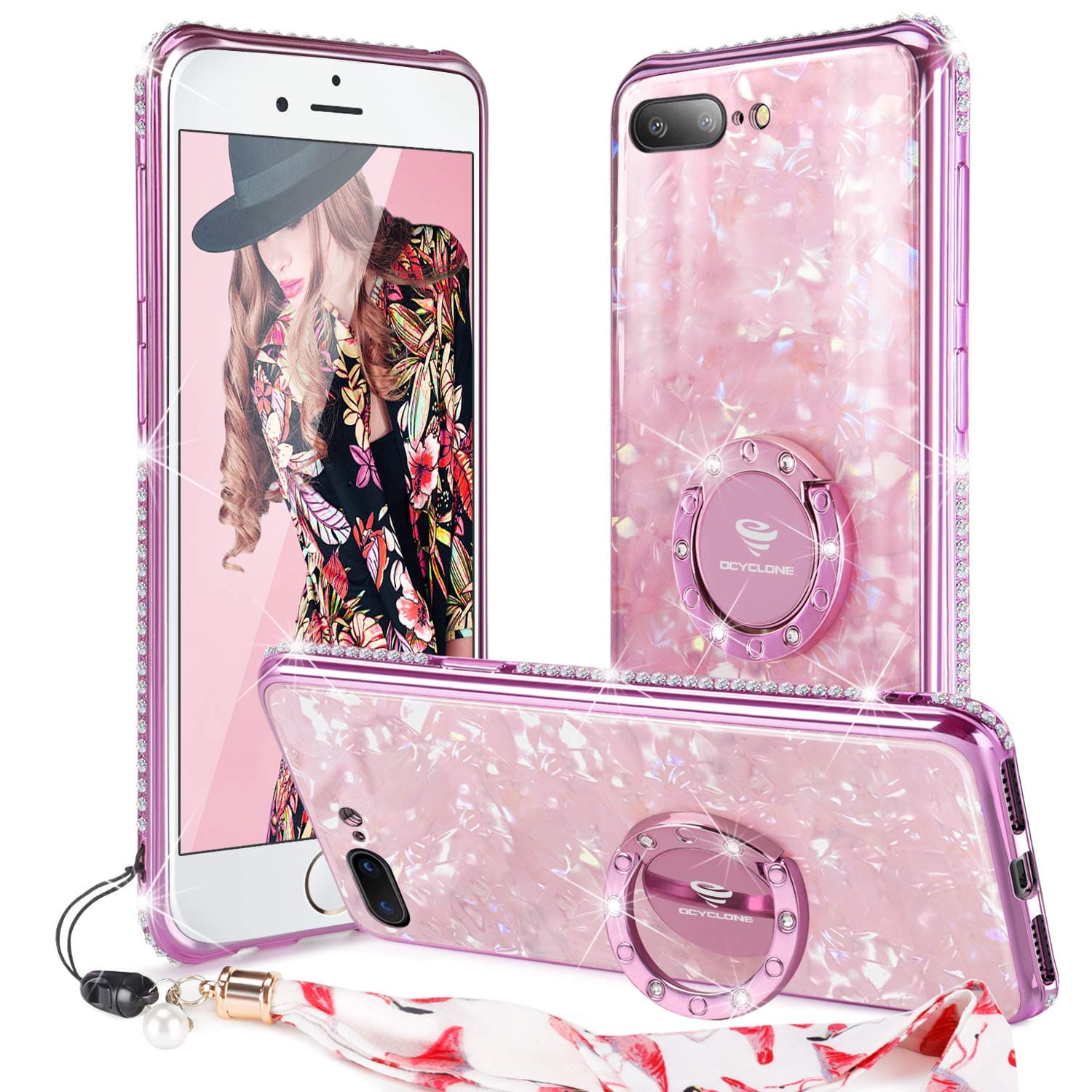 Cute OCYCLONE iPhone 8 Plus Case, iPhone 7 Plus Case, [Tempered Glass Back Cover] Glitter Bling Diamond Rhinestone Bumper Ring Kickstand Protective Phone Case for Women Girls Cute - Rose Gold [Pink]